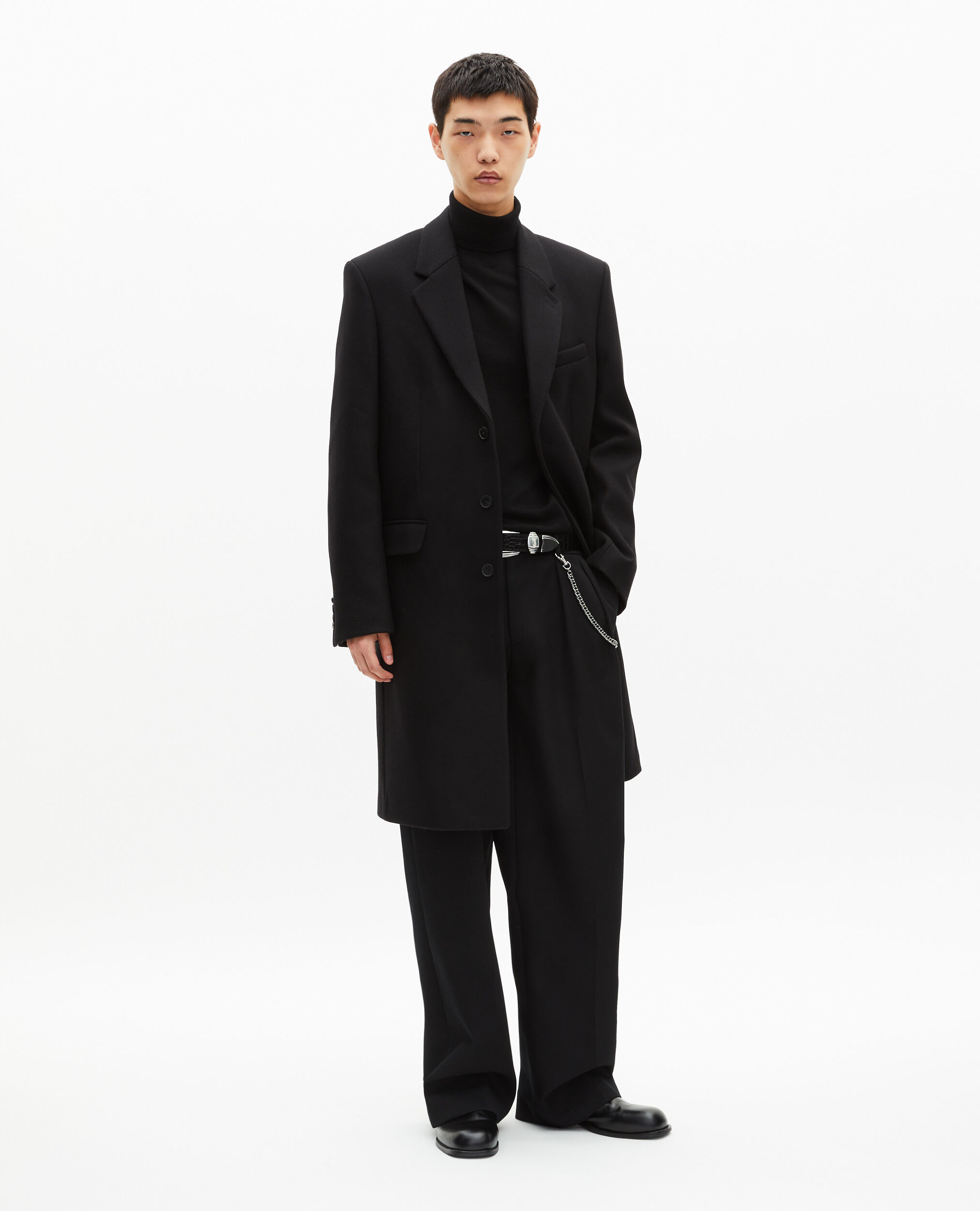Black leather lapel collar coat, BLACK, hi-res image number null