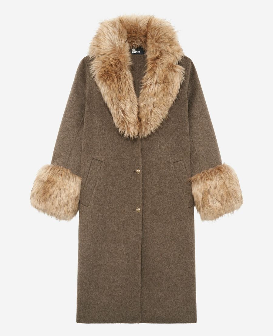 The Kooples DAMEN HAZELNUT langer mantel aus doppelseitiger wolle und braunem pelz