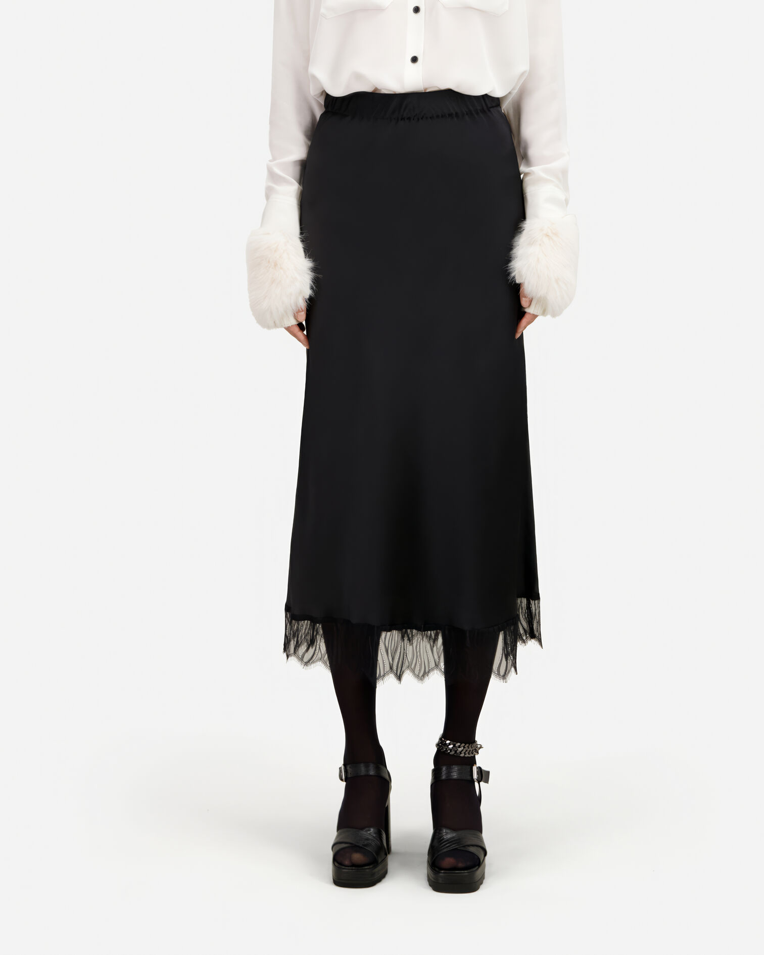Jupe longue avec détails en dentelle noire, BLACK, hi-res image number null