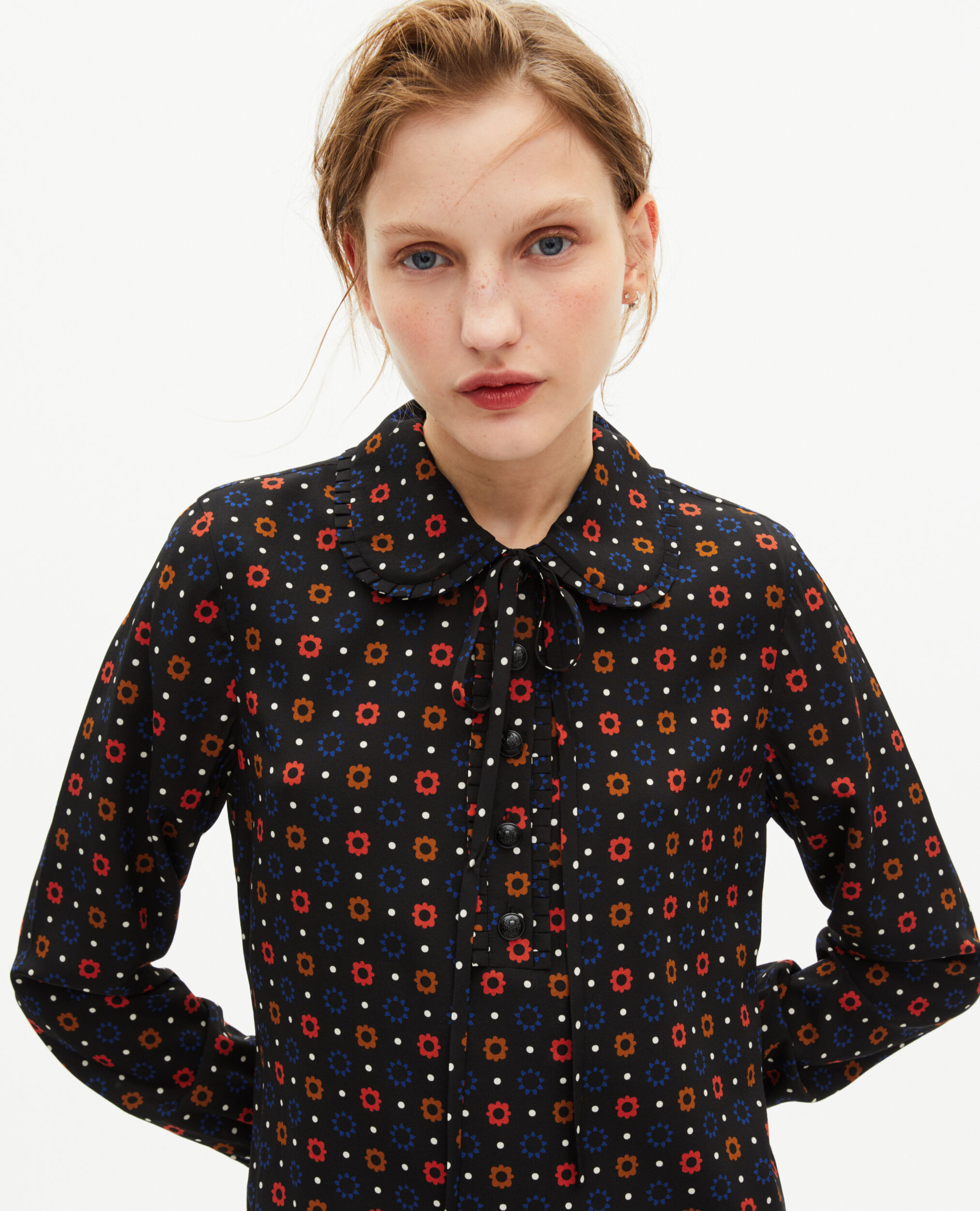 Robe courte en imprimé en soie mélangée noire, BLACK MELANGE, hi-res image number null