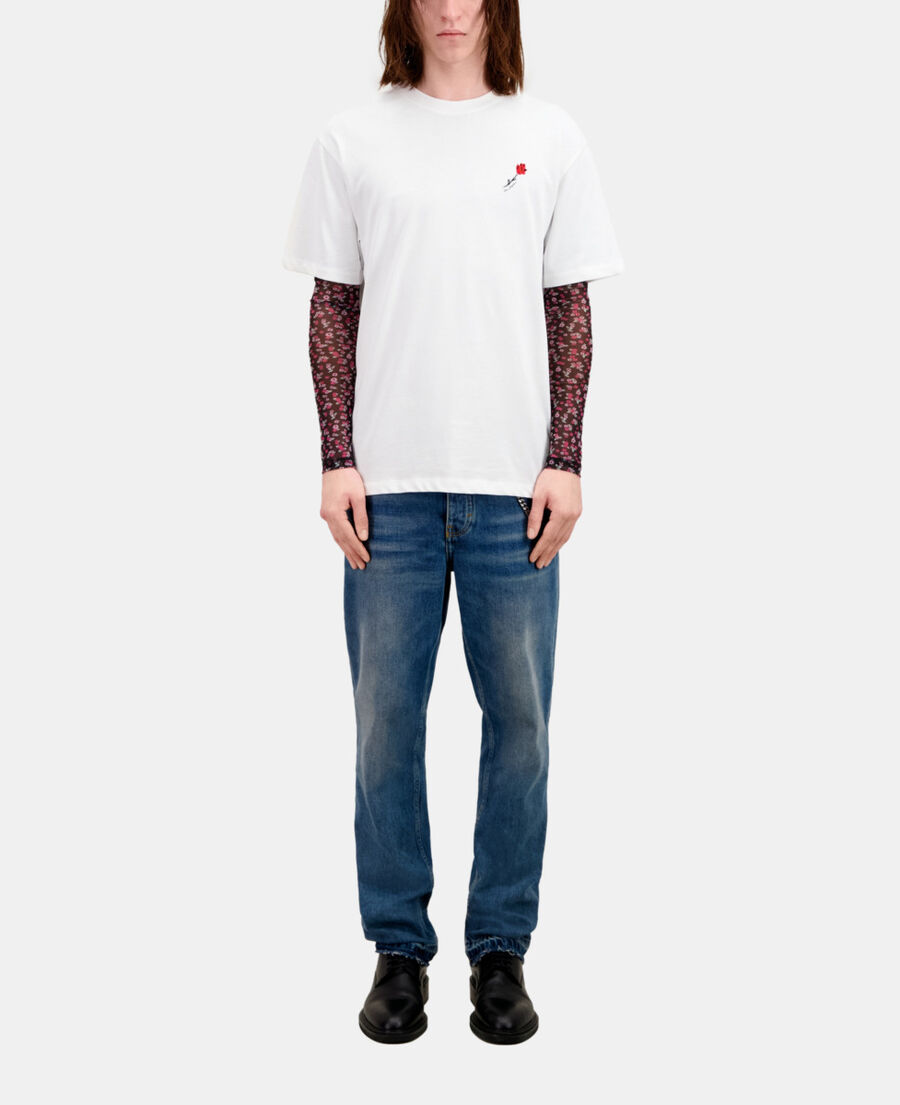 men's white t-shirt with flower embroidery
