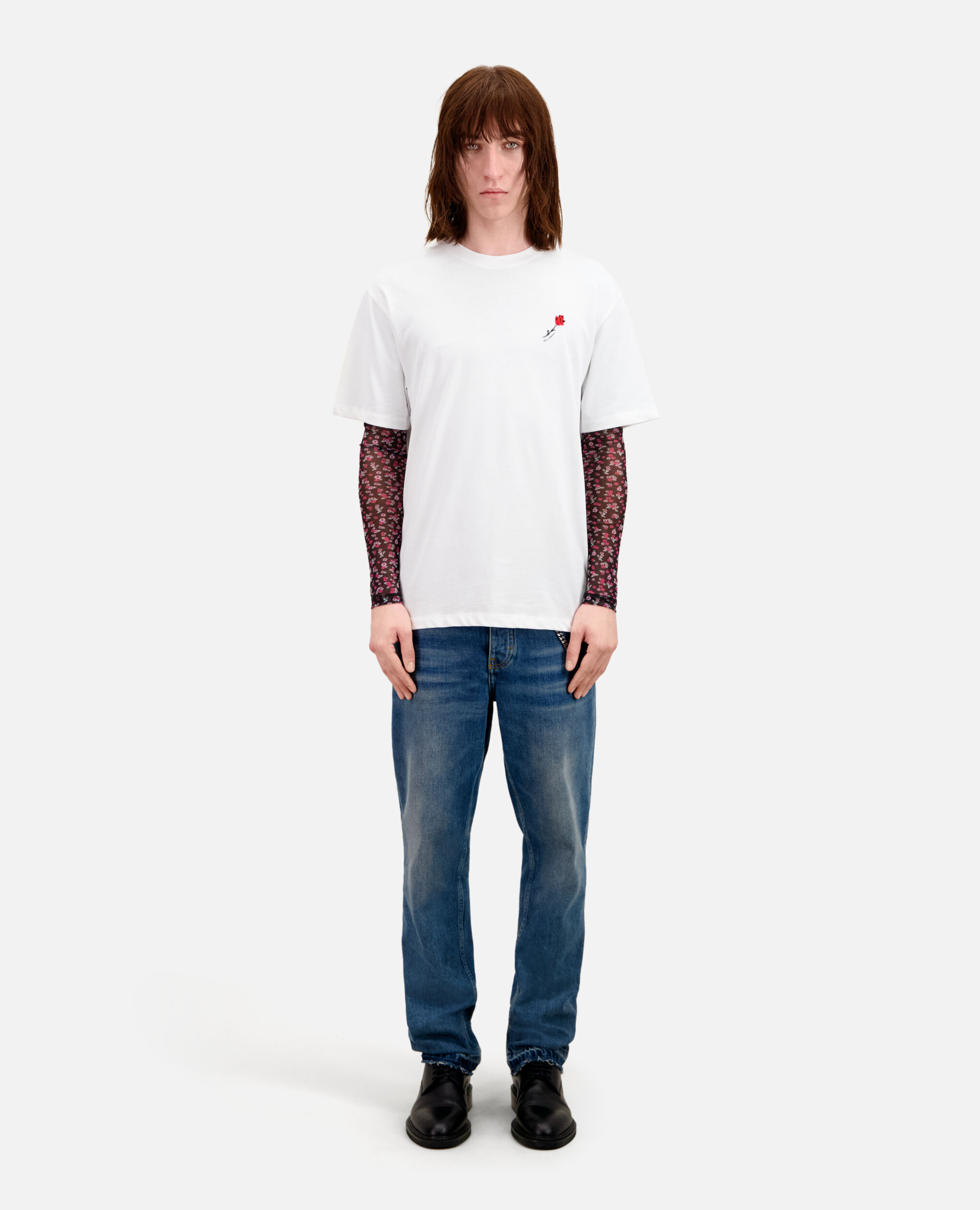 Men's white t-shirt with flower embroidery, WHITE, hi-res image number null