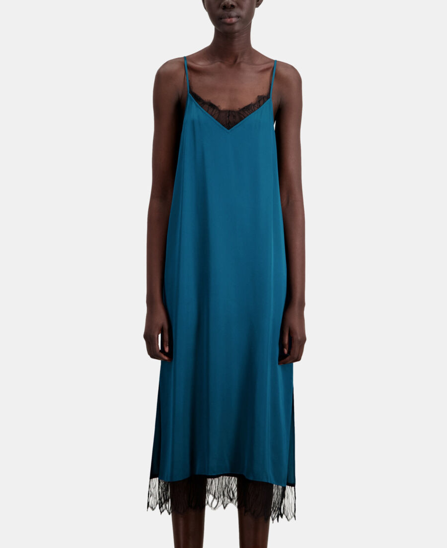 vestido lencero largo azul detalles encaje