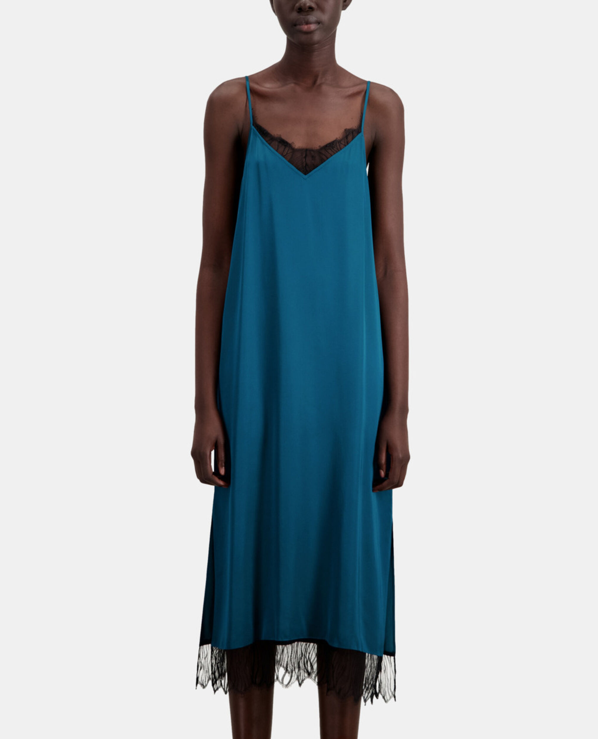 Vestido lencero largo azul detalles encaje, MEDIUM BLUE, hi-res image number null