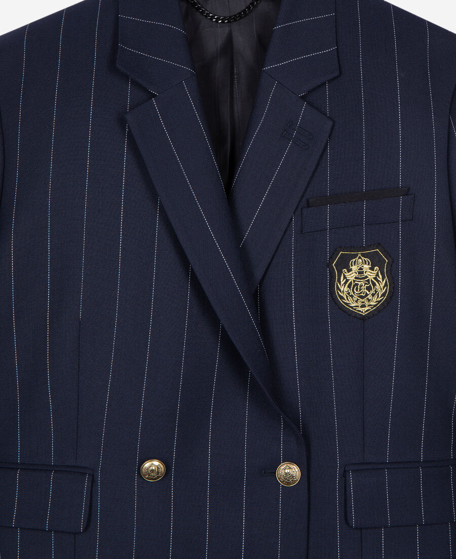 The Kooples WOMEN NAVY navy blue wool blend tennis stripe suit jacket
