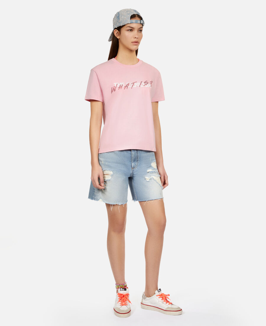 rosa t-shirt „what is“ mit strassbesatz