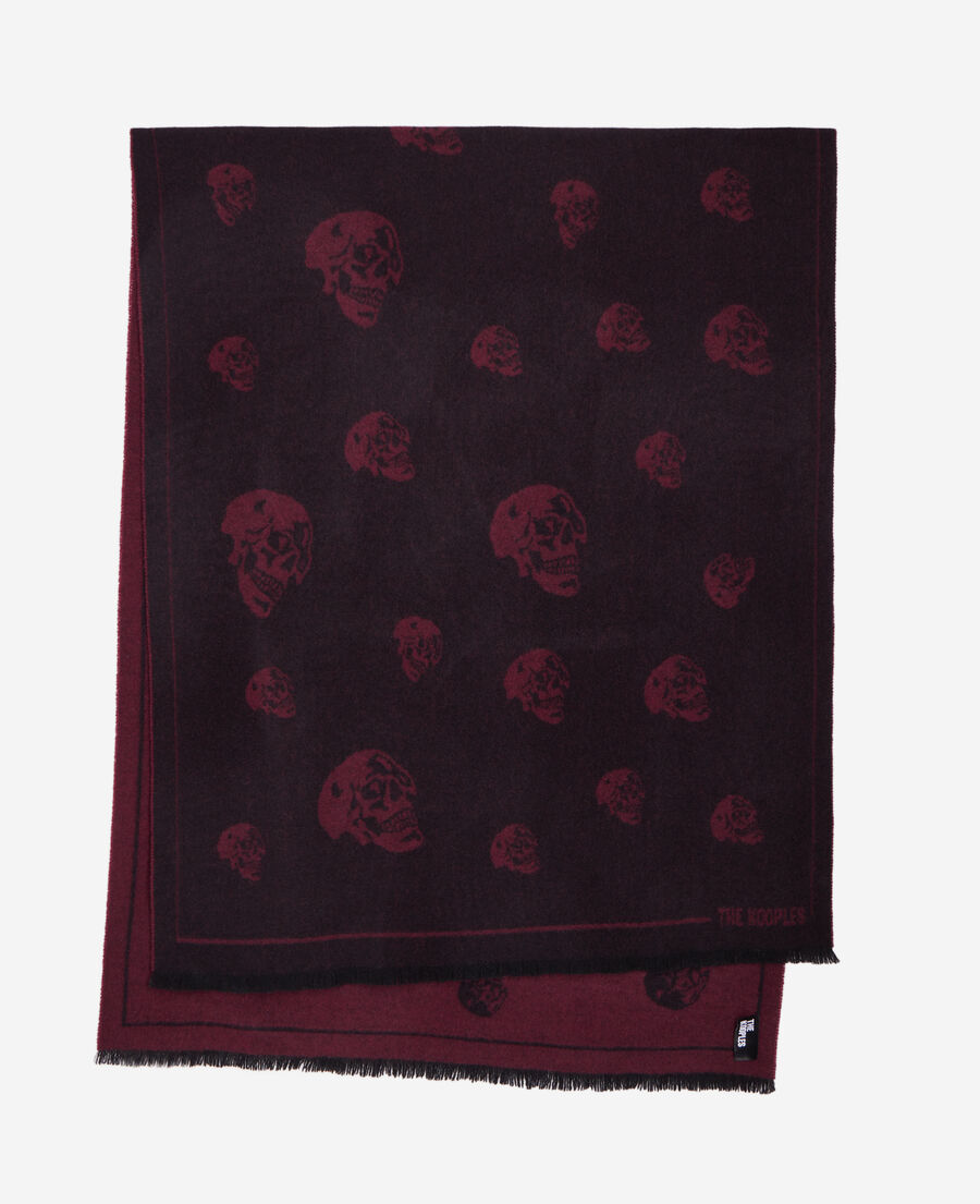 black and burgundy wool scarf with skulls