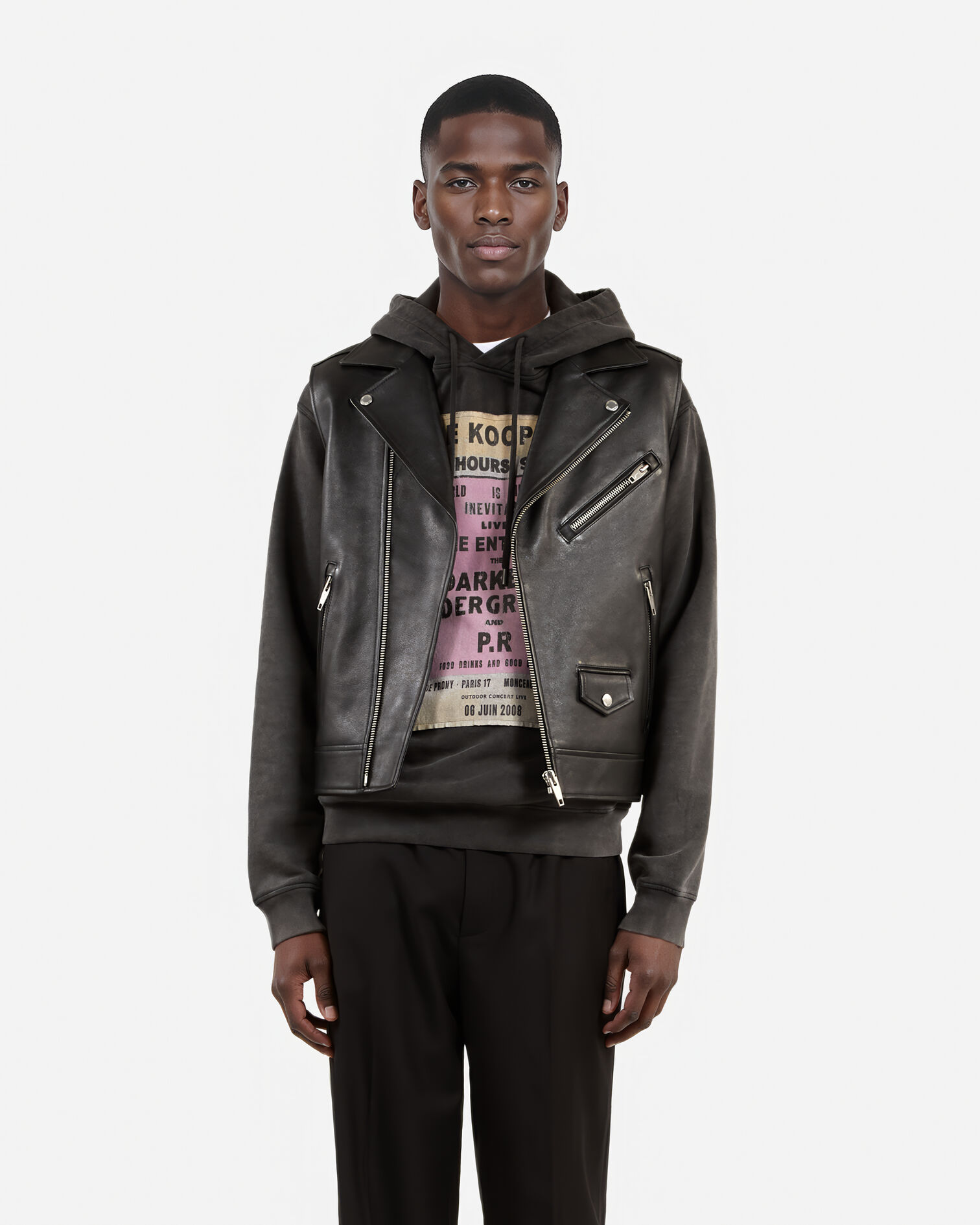 Blouson sans manches en cuir noir, BLACK, hi-res image number null