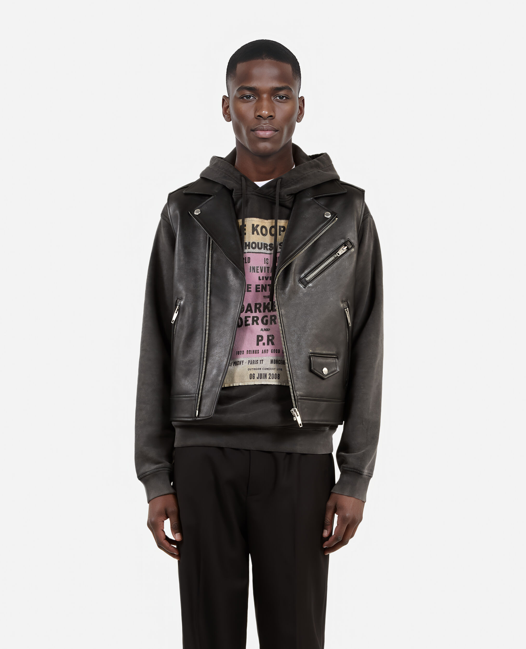 Blouson sans manches en cuir noir, BLACK, hi-res image number null