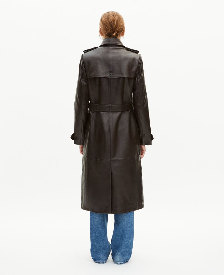 The Kooples WOMEN DARK BROWN MELANGE long brown leather trench coat