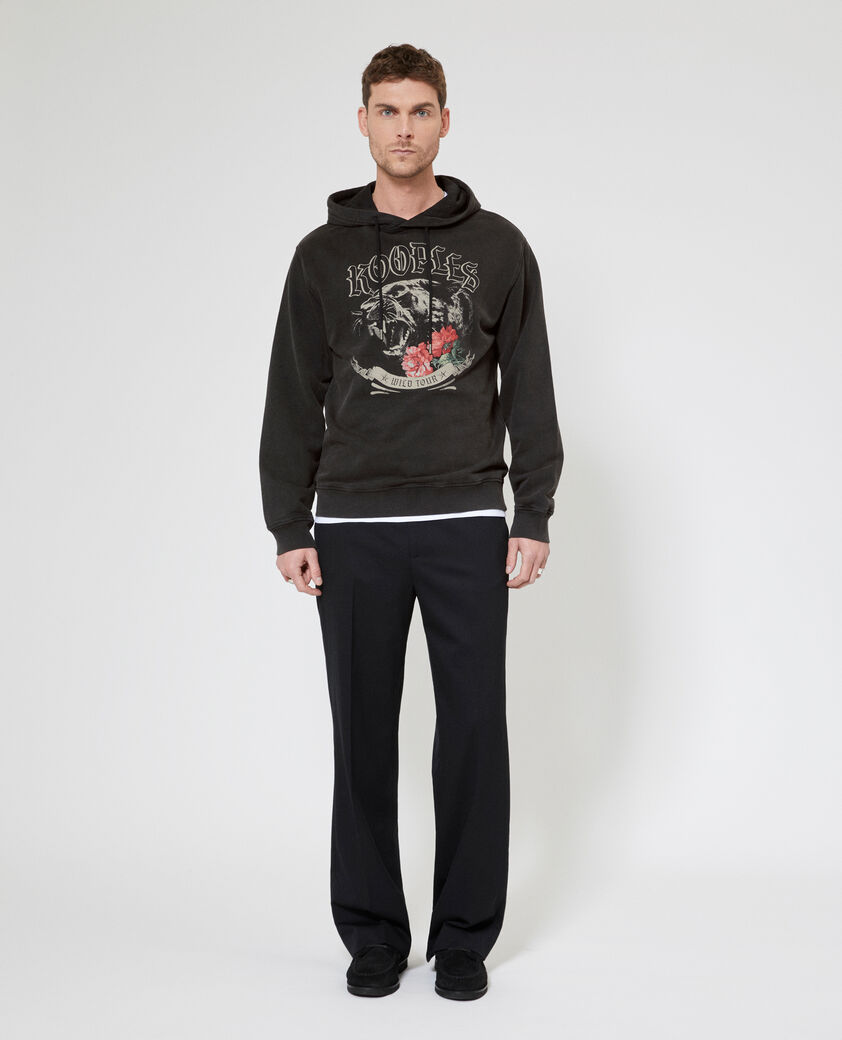 The Kooples H BLACK WASHED hooded sweatshirt with panther silkscreen print in black
