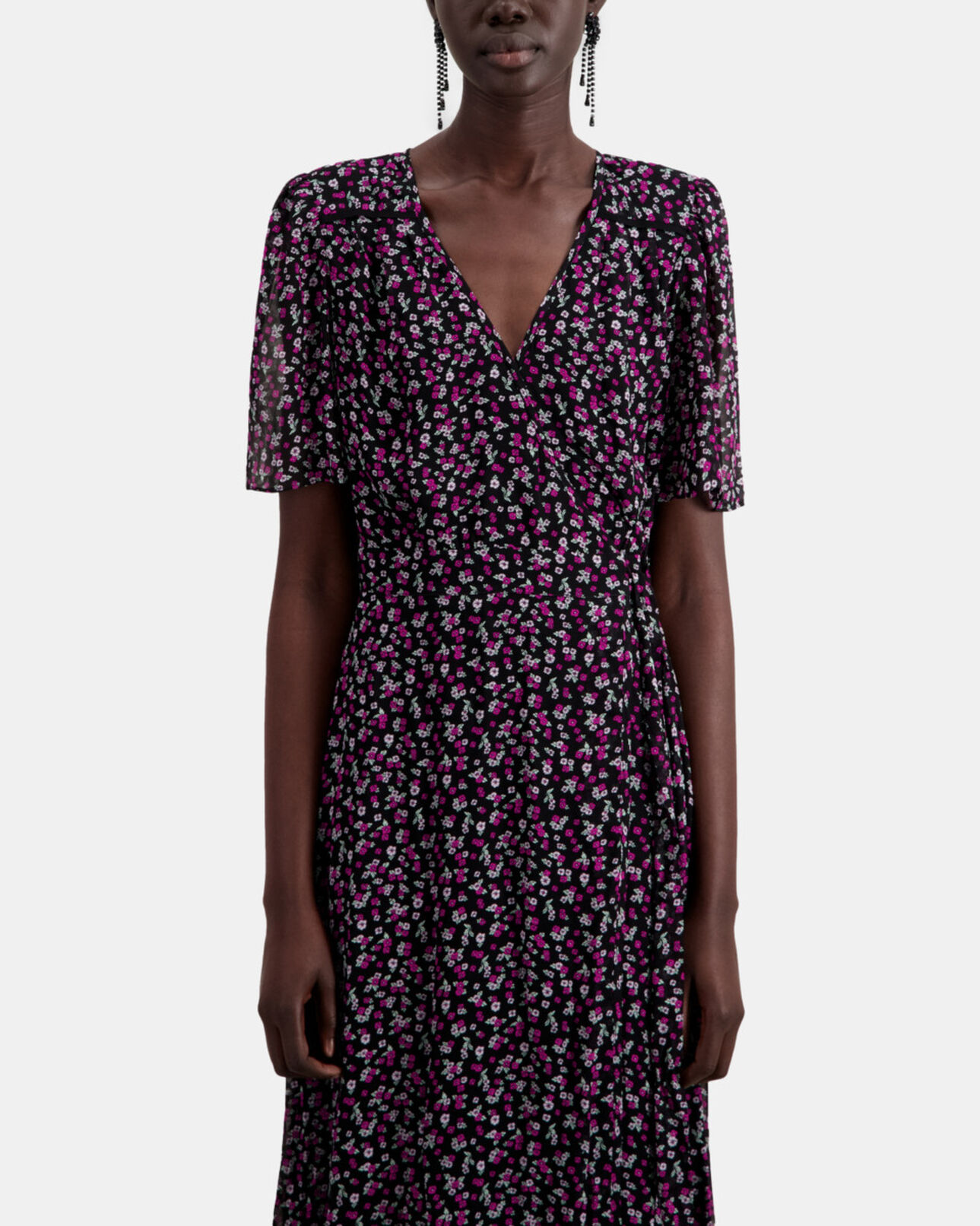 The Kooples DAMEN BLACK / PINK langes wickelkleid mit print
