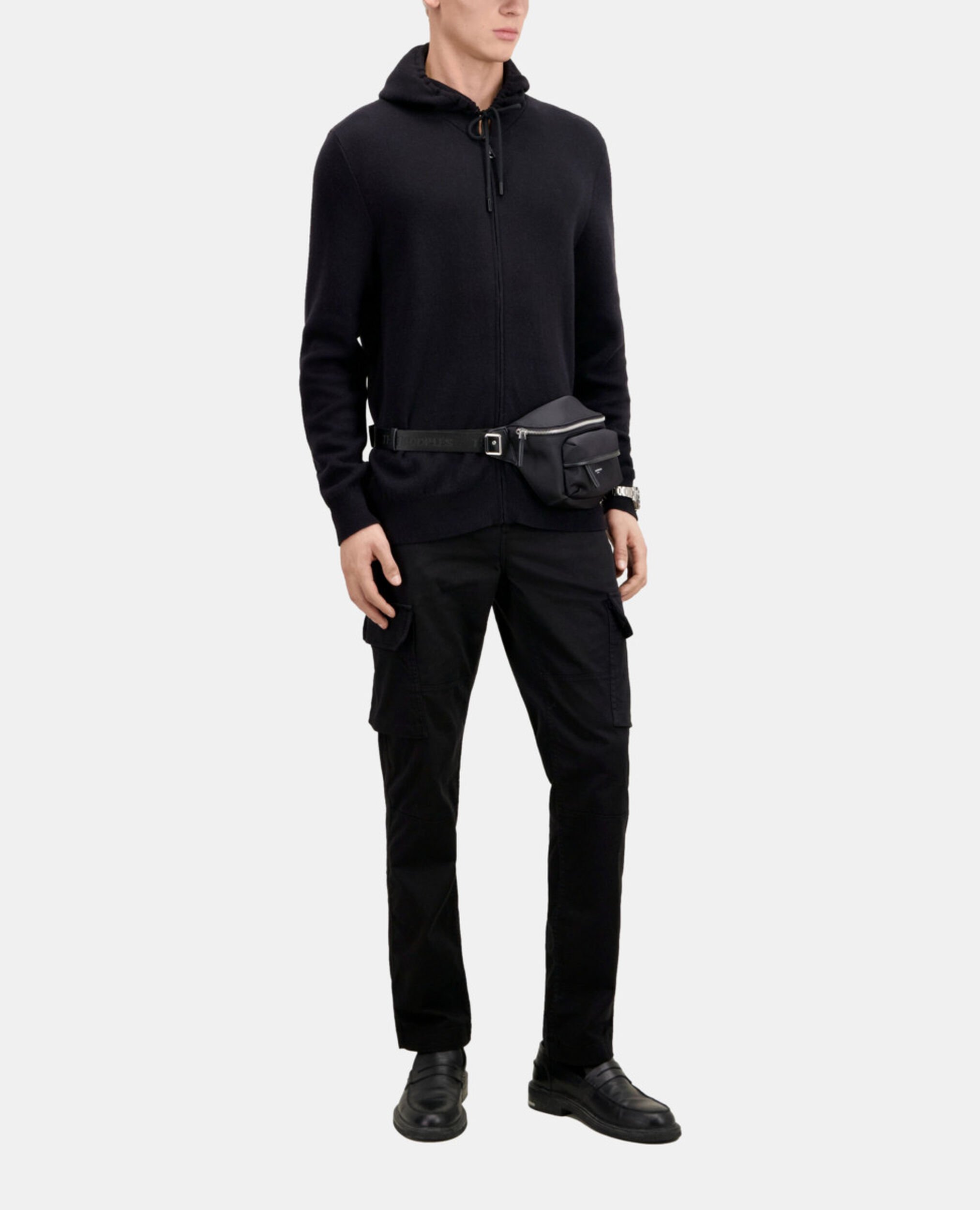 Schwarzer Cardigan mit Kapuze aus Wolle, BLACK - RED, hi-res image number null