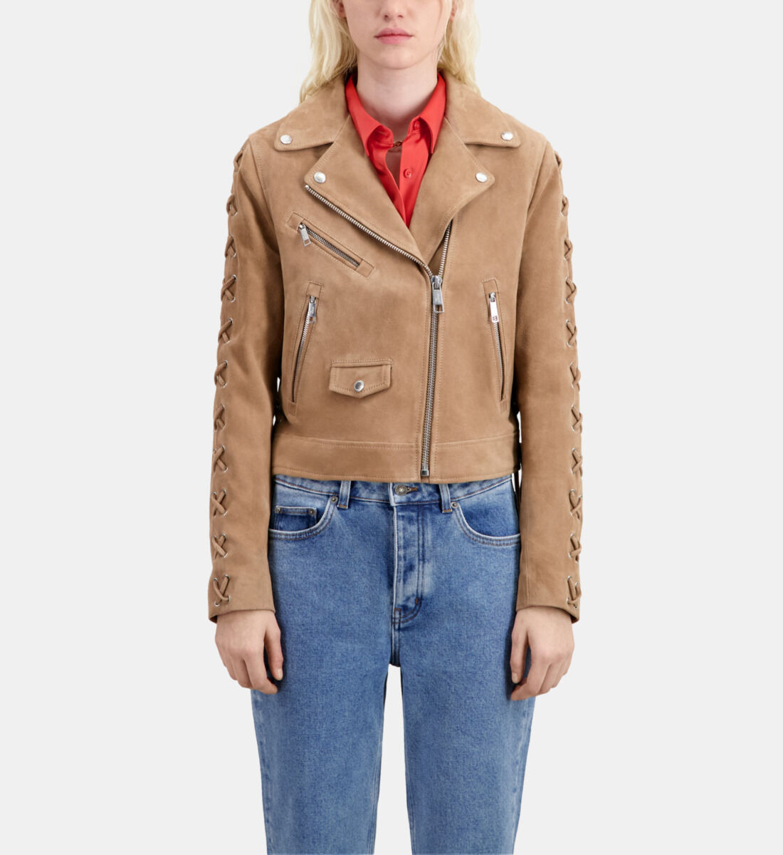 Beige suede leather biker jacket