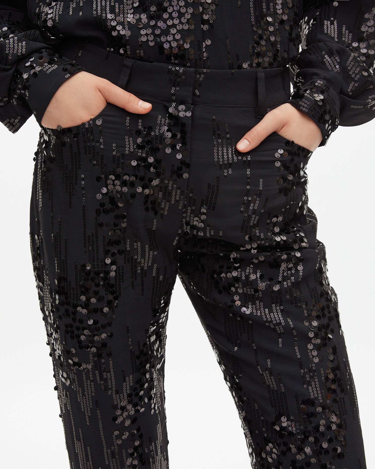 Black sequinned flare pants, BLACK, hi-res image number null