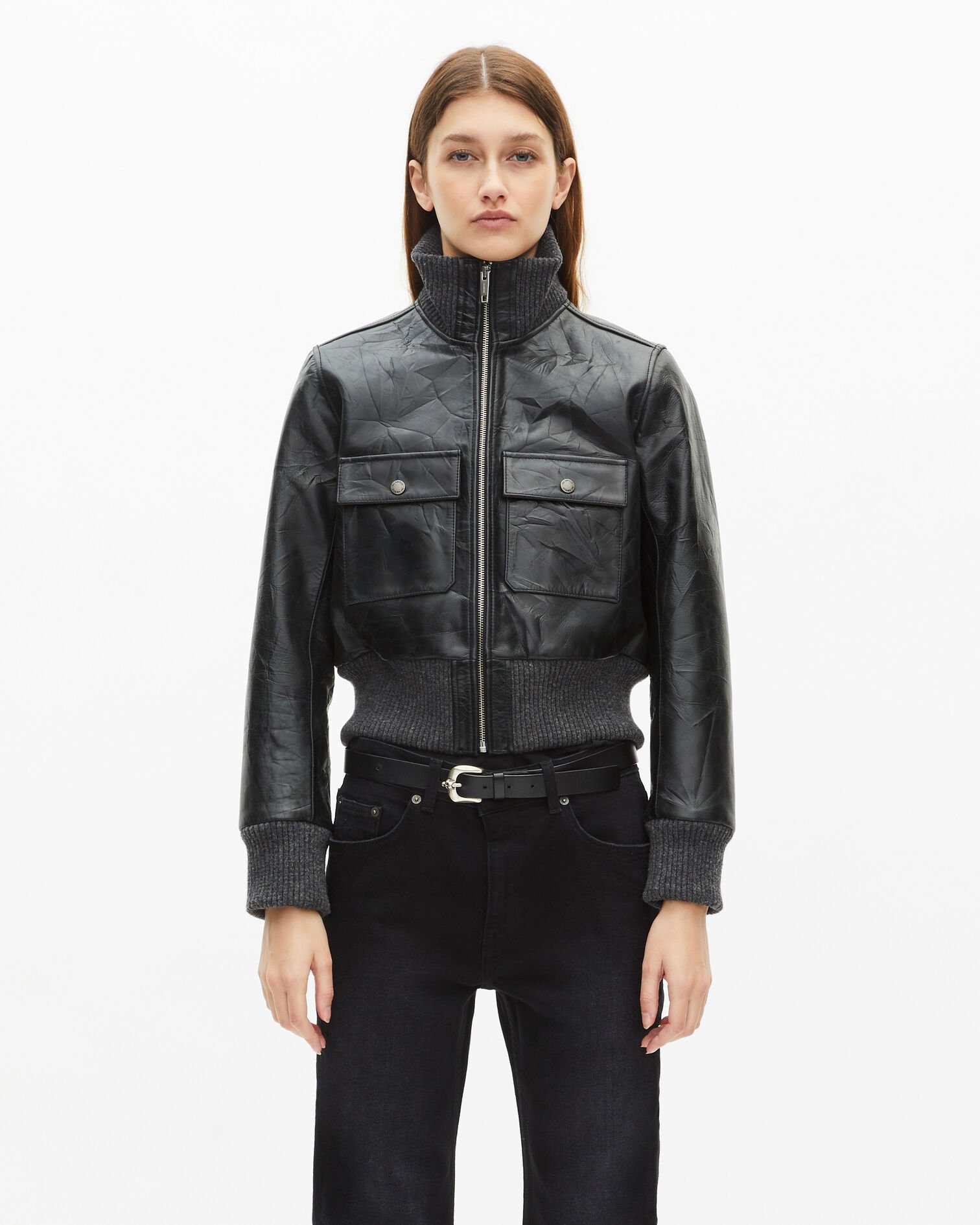 Blouson en cuir noir, BLACK, hi-res image number null
