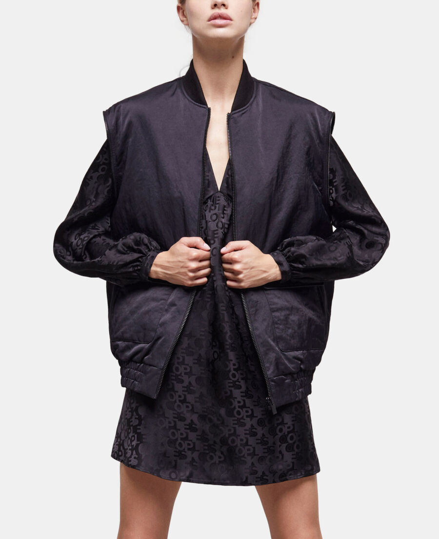 The Kooples DAMEN BLACK schwarze, satinierte bomberjacke mit abnehmbaren ärmeln