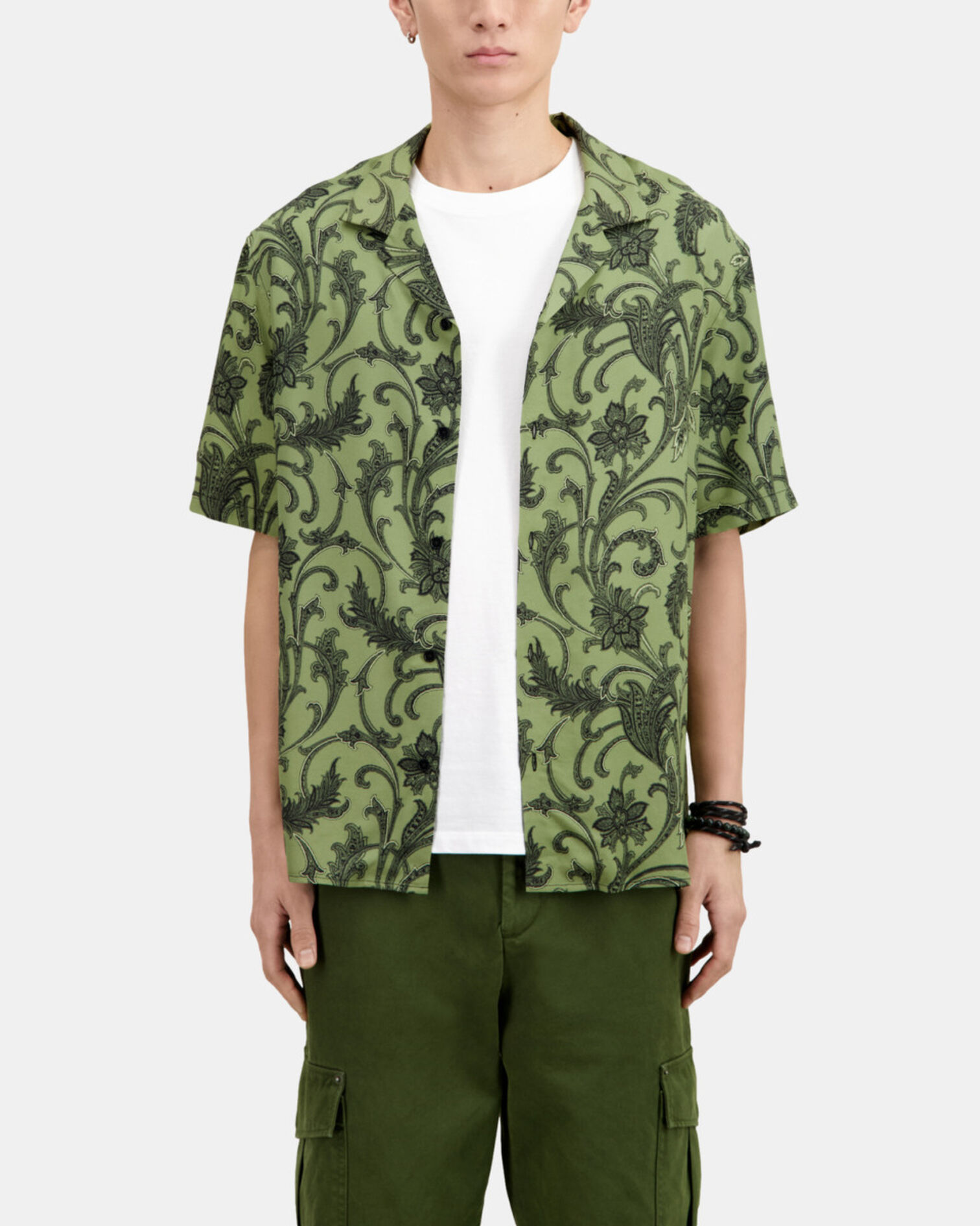 Chemise manches courtes fleurie, KAKI BLACK, hi-res image number null