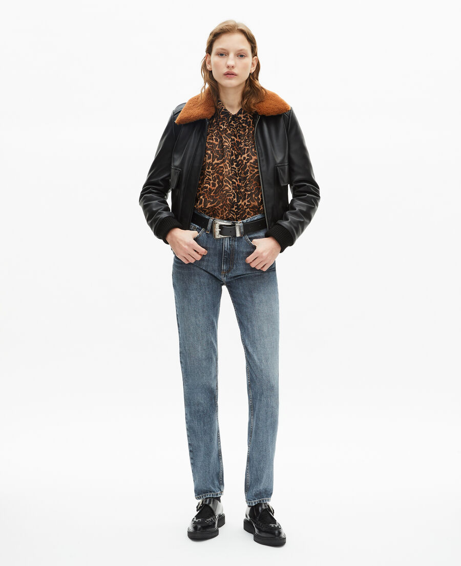 The Kooples WOMEN BLACK short black smooth leather jacket with sherpa collar