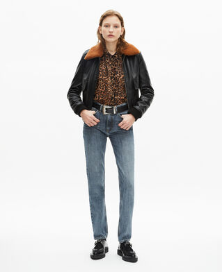 The Kooples WOMEN BLACK short black smooth leather jacket with sherpa collar