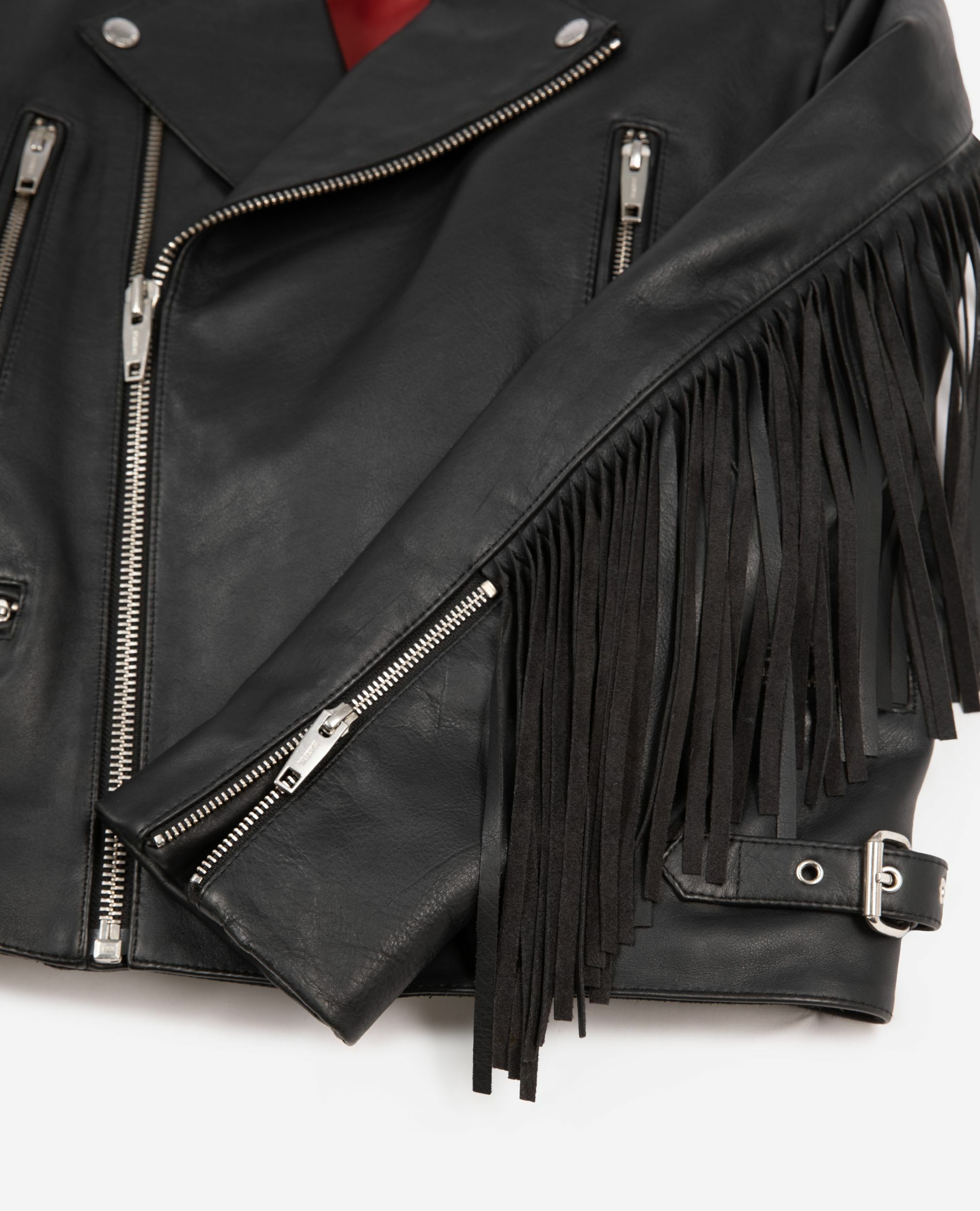 Black fringed leather jacket, BLACK, hi-res image number null