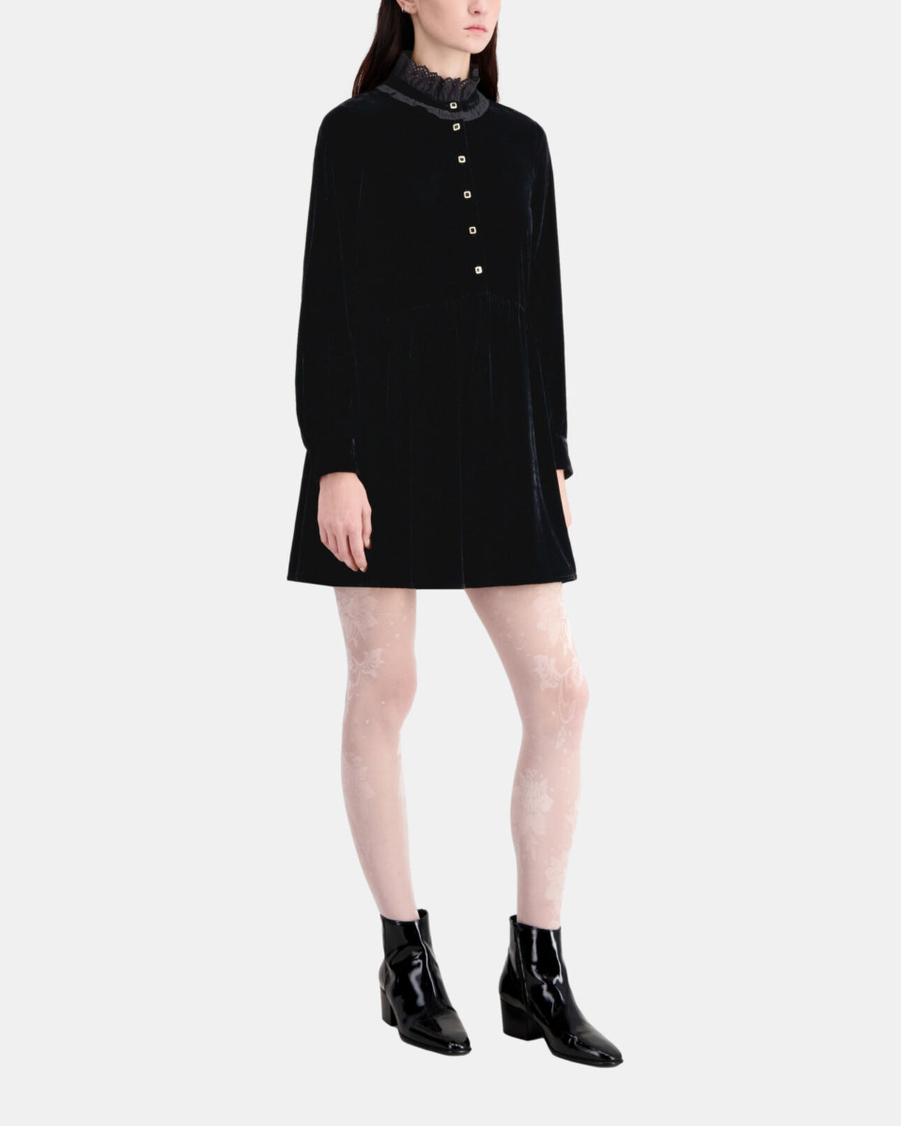 The Kooples WOMEN BLACK short black velvet dress with bijou buttons