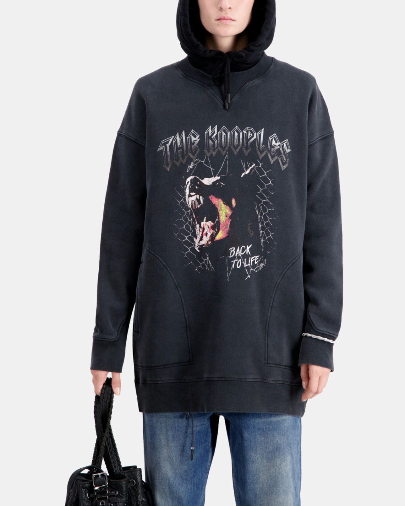 The Kooples WOMEN BLACK WASHED women's black sweatshirt dress with barking dog serigraphy