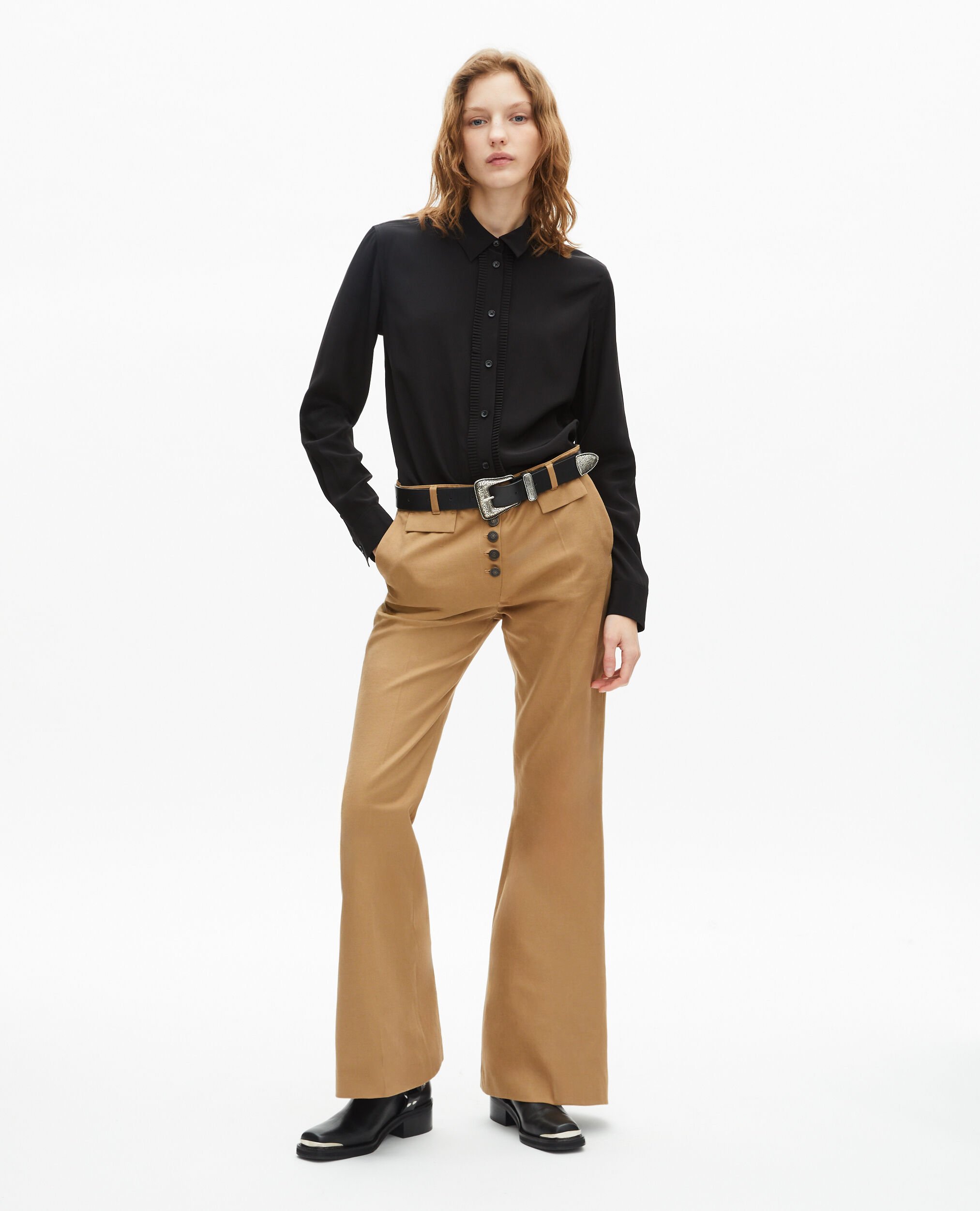 Flare pants in beige cotton and linen, BEIGE, hi-res image number null
