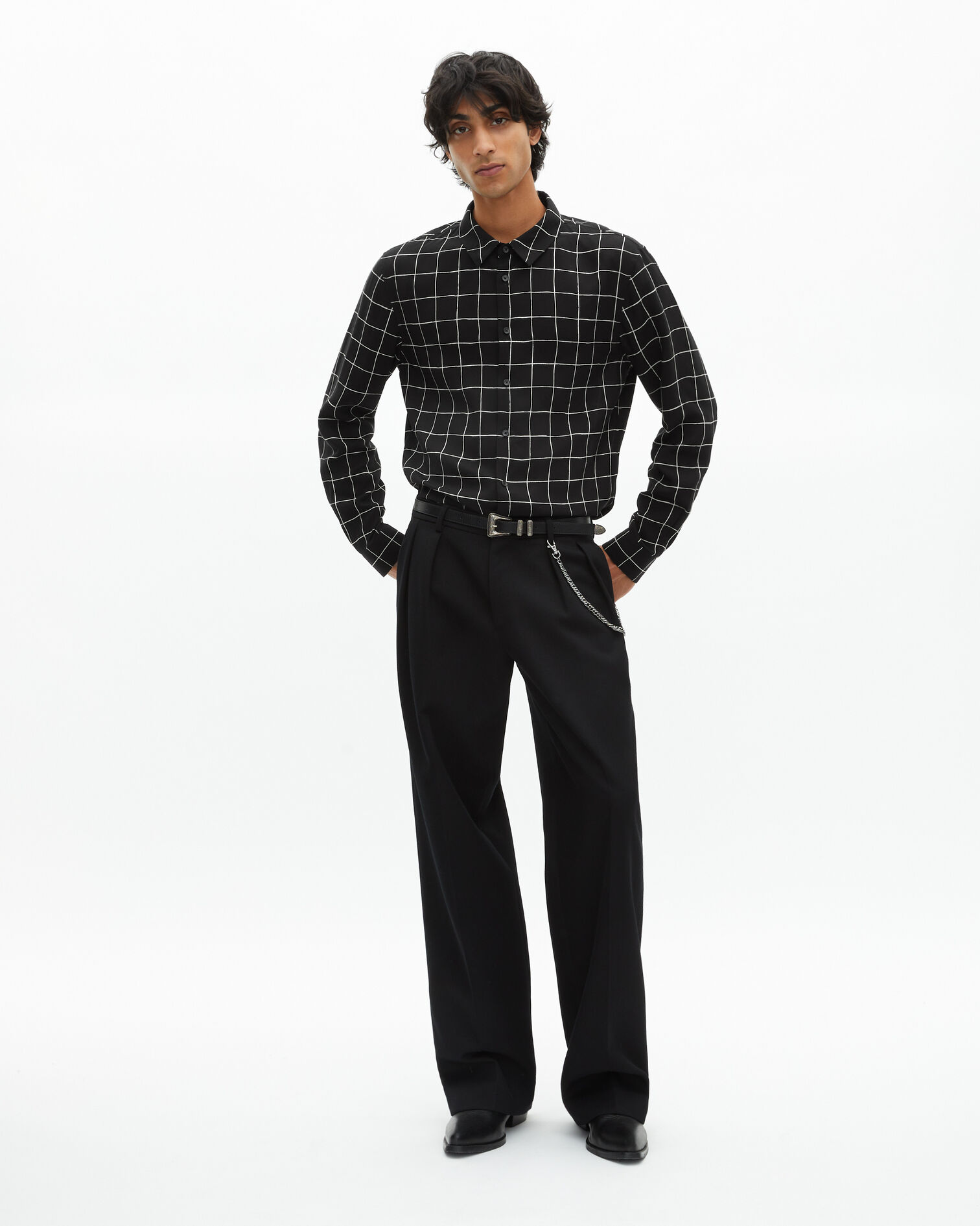 Black plaid shirt, BLACK WHITE, hi-res image number null