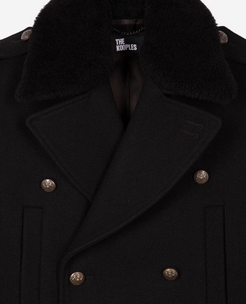 The Kooples HOMME BLACK manteau long en laine col sherpa noir