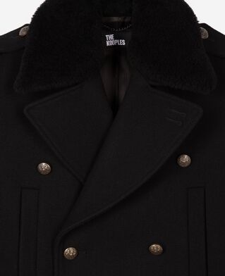 The Kooples MEN BLACK long black wool coat with sherpa collar