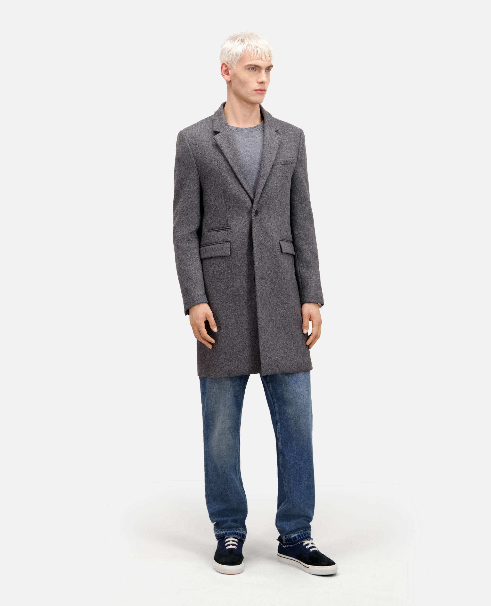 Long heather grey coat in wool blend, GREY, hi-res image number null