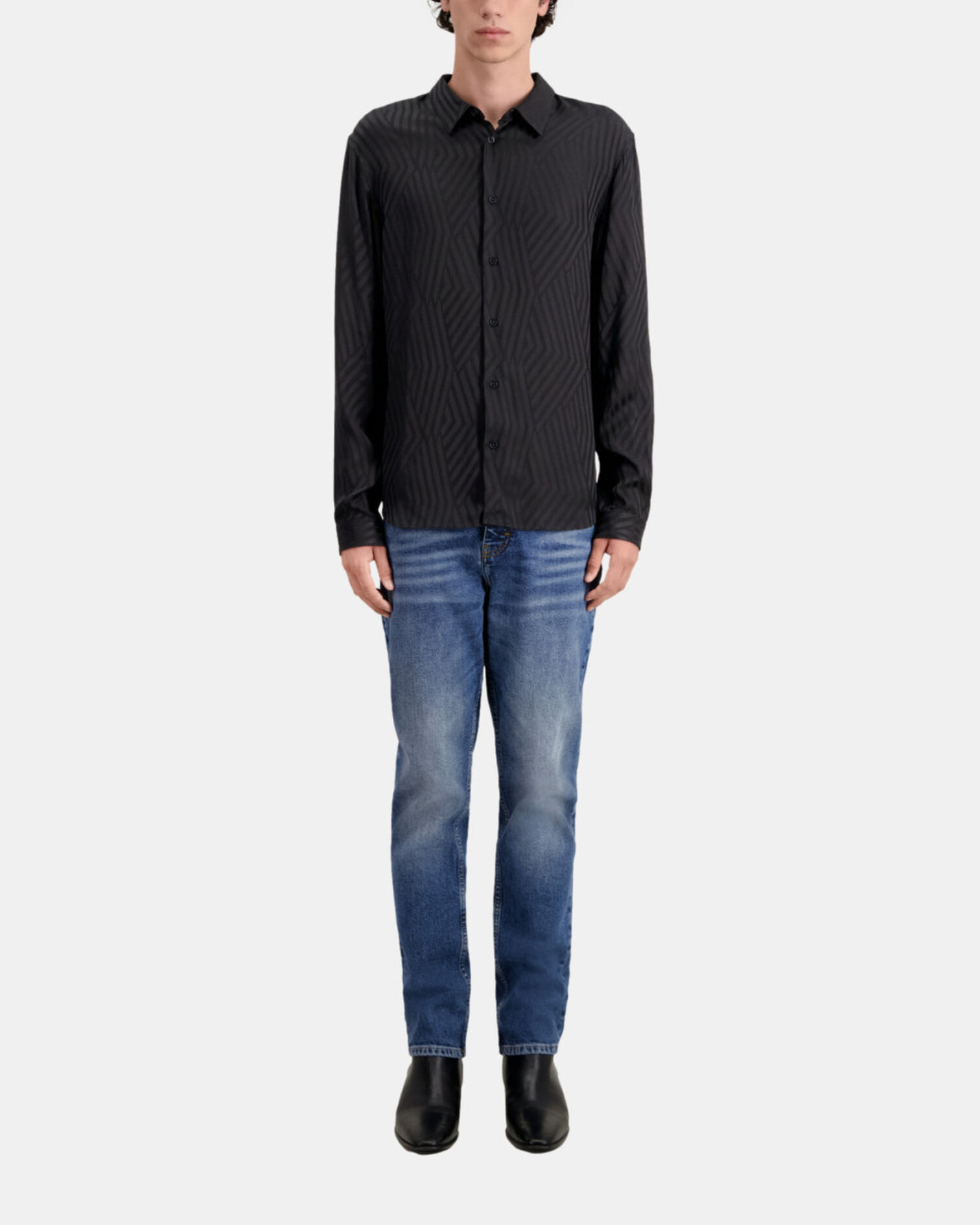 Black geometric jacquard shirt, BLACK, hi-res image number null