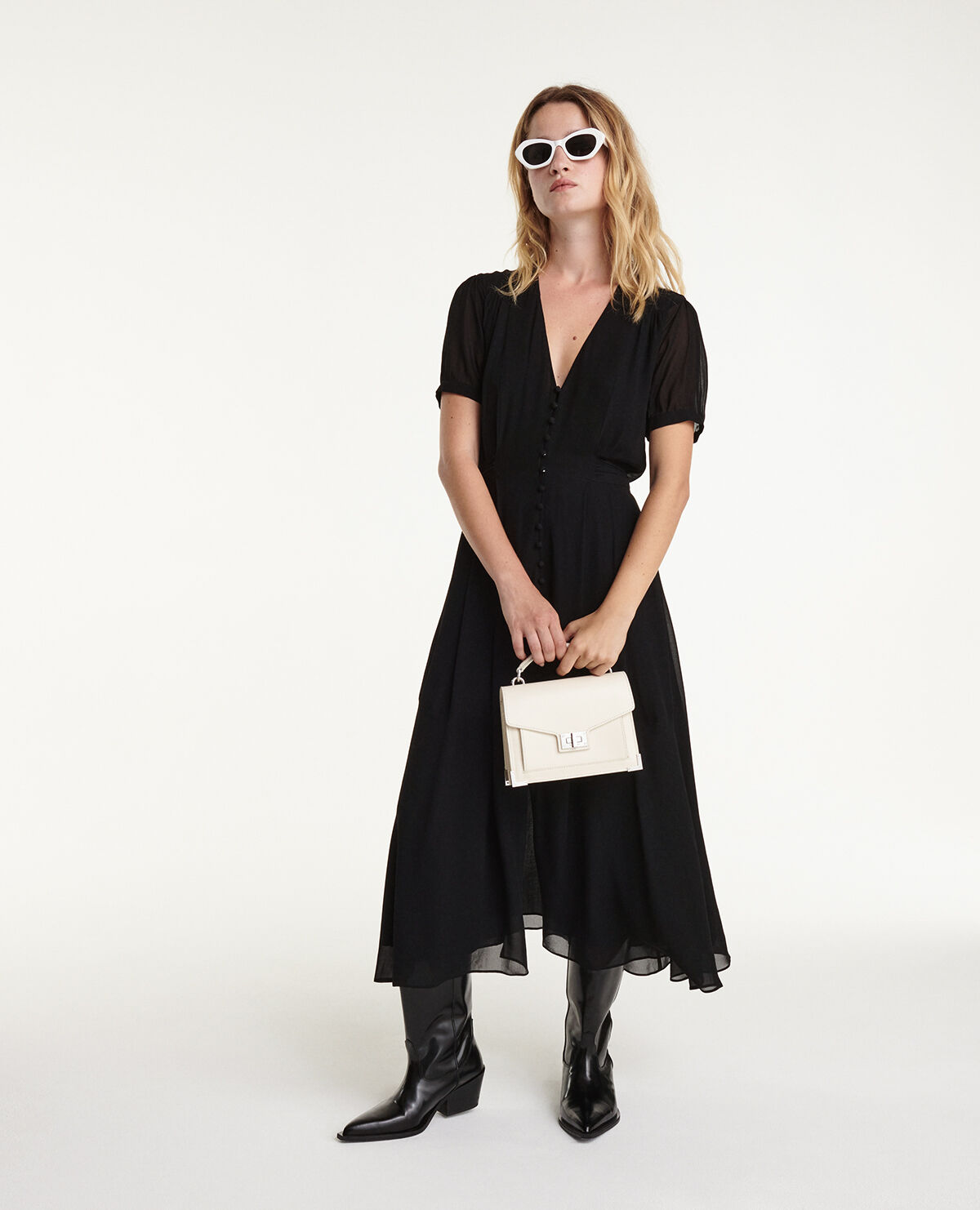 Long black dress with belt discount