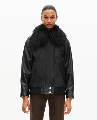 The Kooples WOMEN BLACK leather jacket with removable fur collar, black