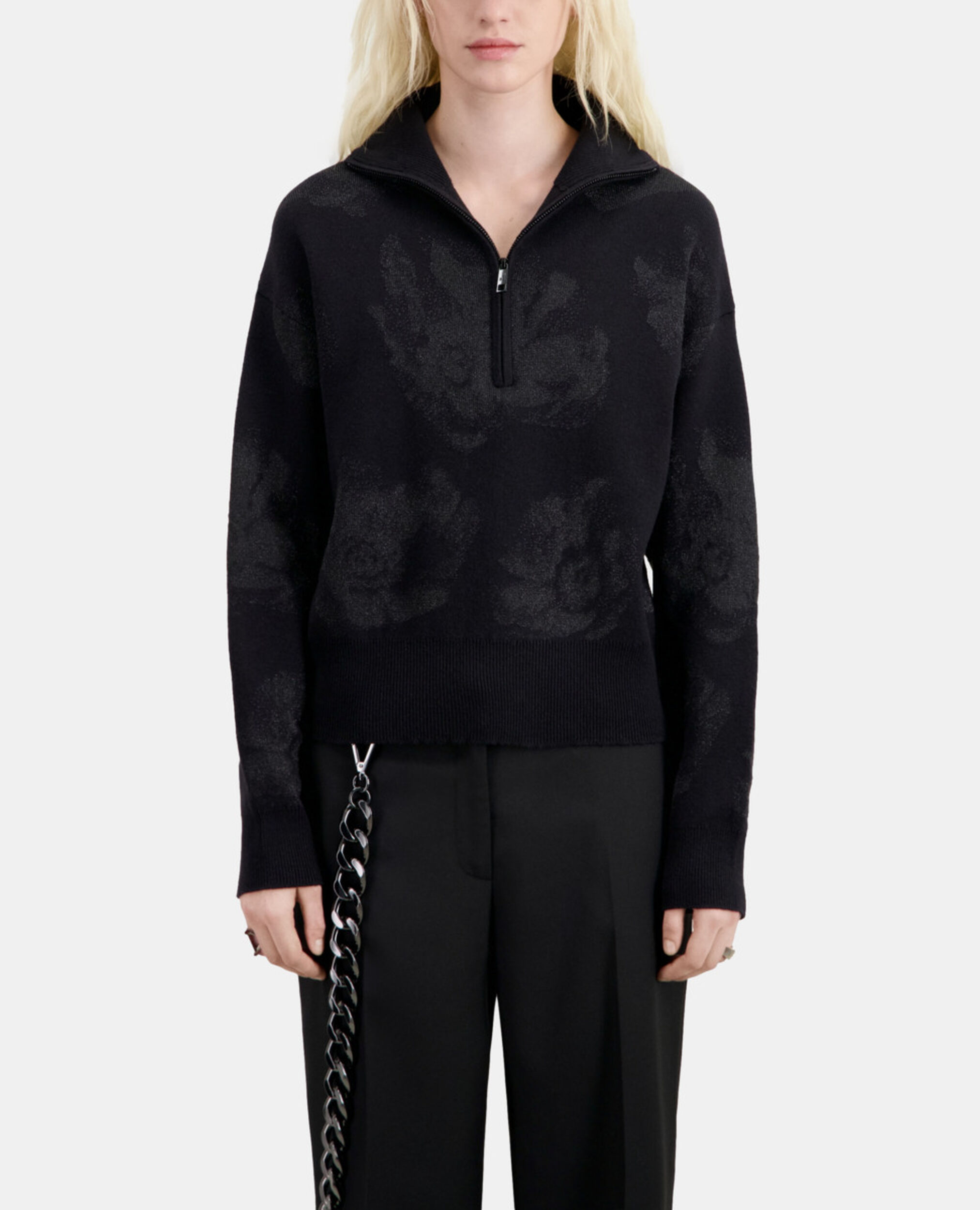 Black wool-blend sweater with silver details, BLACK/BLACK, hi-res image number null