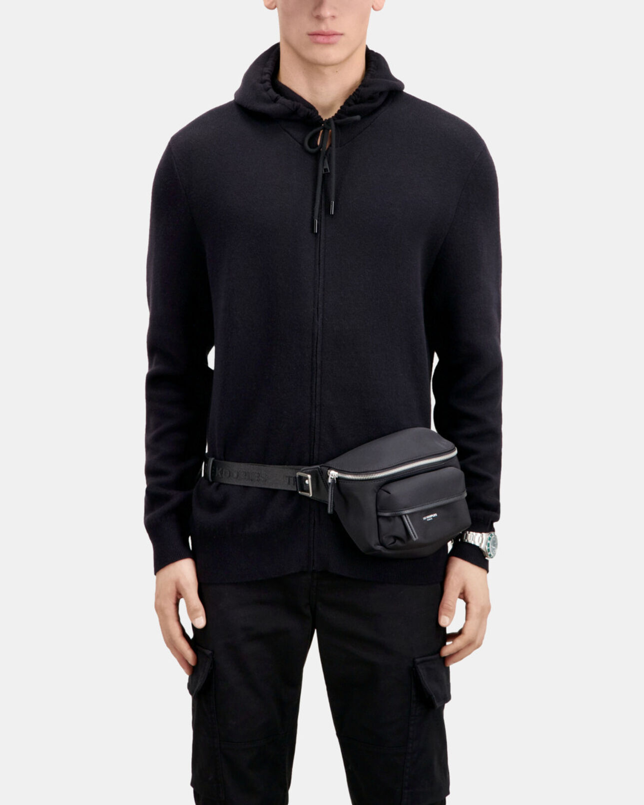 The Kooples HOMME BLACK - RED cardigan à capuche noir en mélange de laine