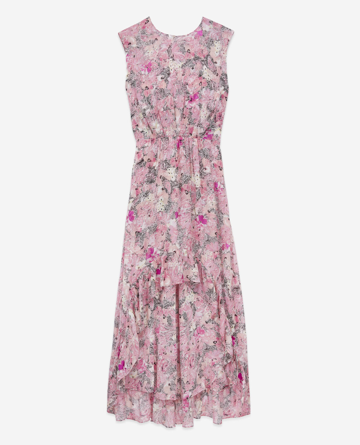 Pink long flowing dress with floral print