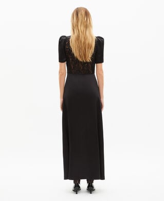 The Kooples DAMEN BLACK langes kleid aus seide mit schwarzer spitze