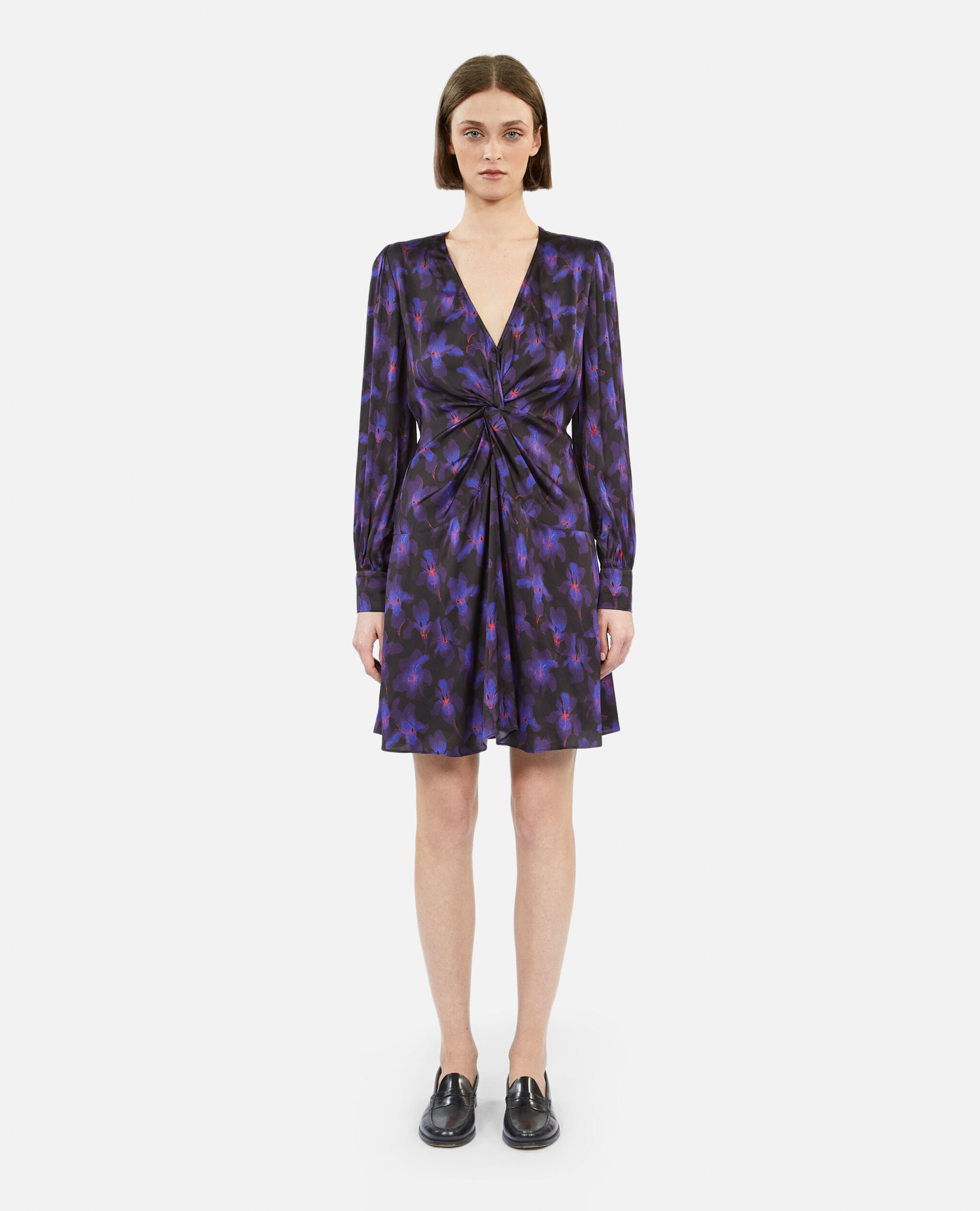 Kurzes Kleid mit Drapierung und Print, BLACK /LIGHT PINK / BLUE, hi-res image number null