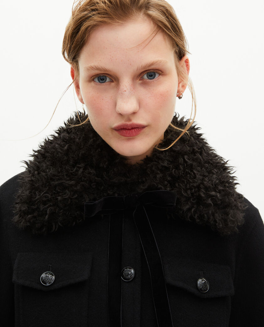 The Kooples WOMEN BLACK long double-sided wool coat with black sherpa collar