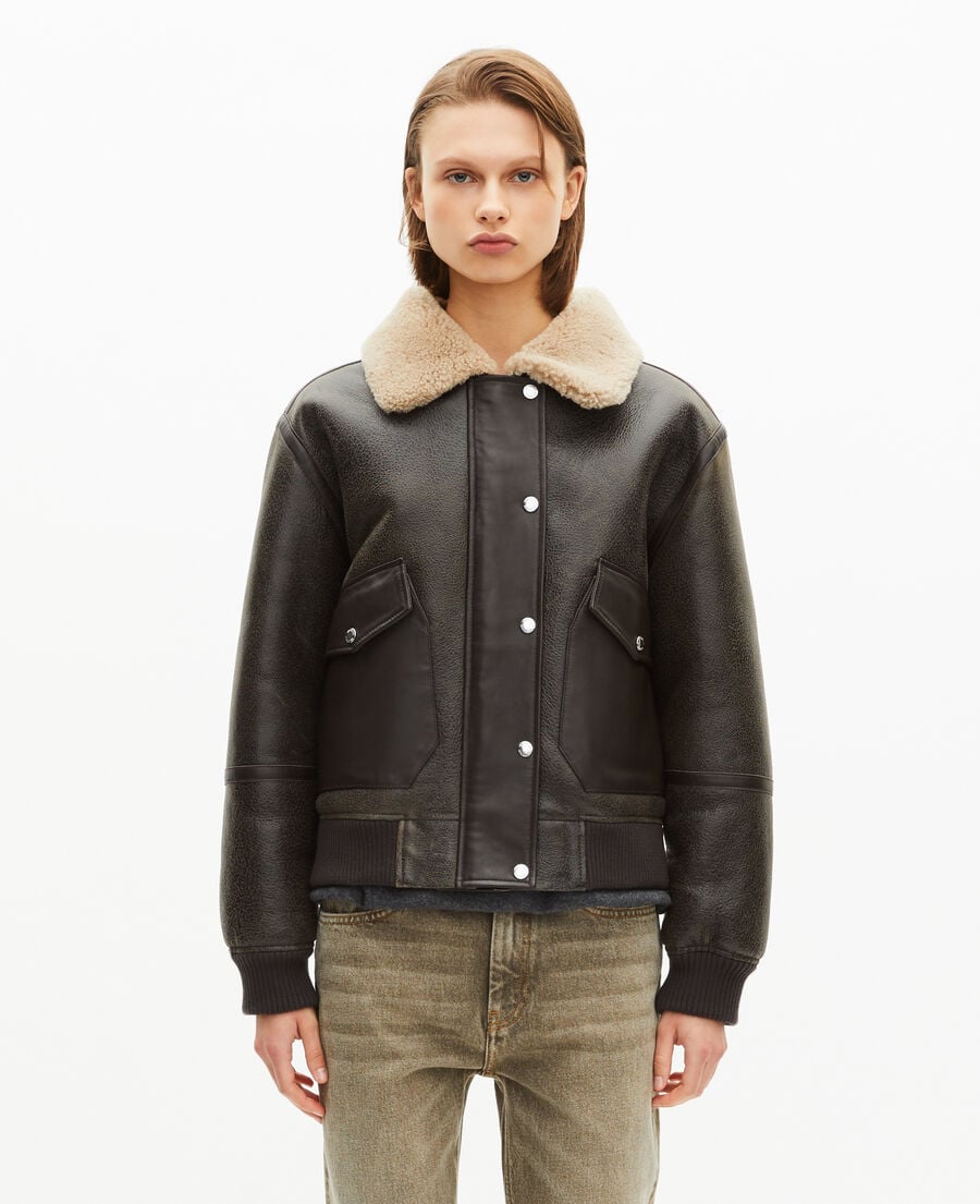 The Kooples MUJER BROWN piel lanosa marrón corta