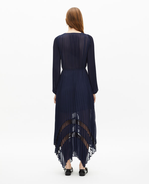 The Kooples FEMME NAVY robe longue plissée avec dentelle bleu marine