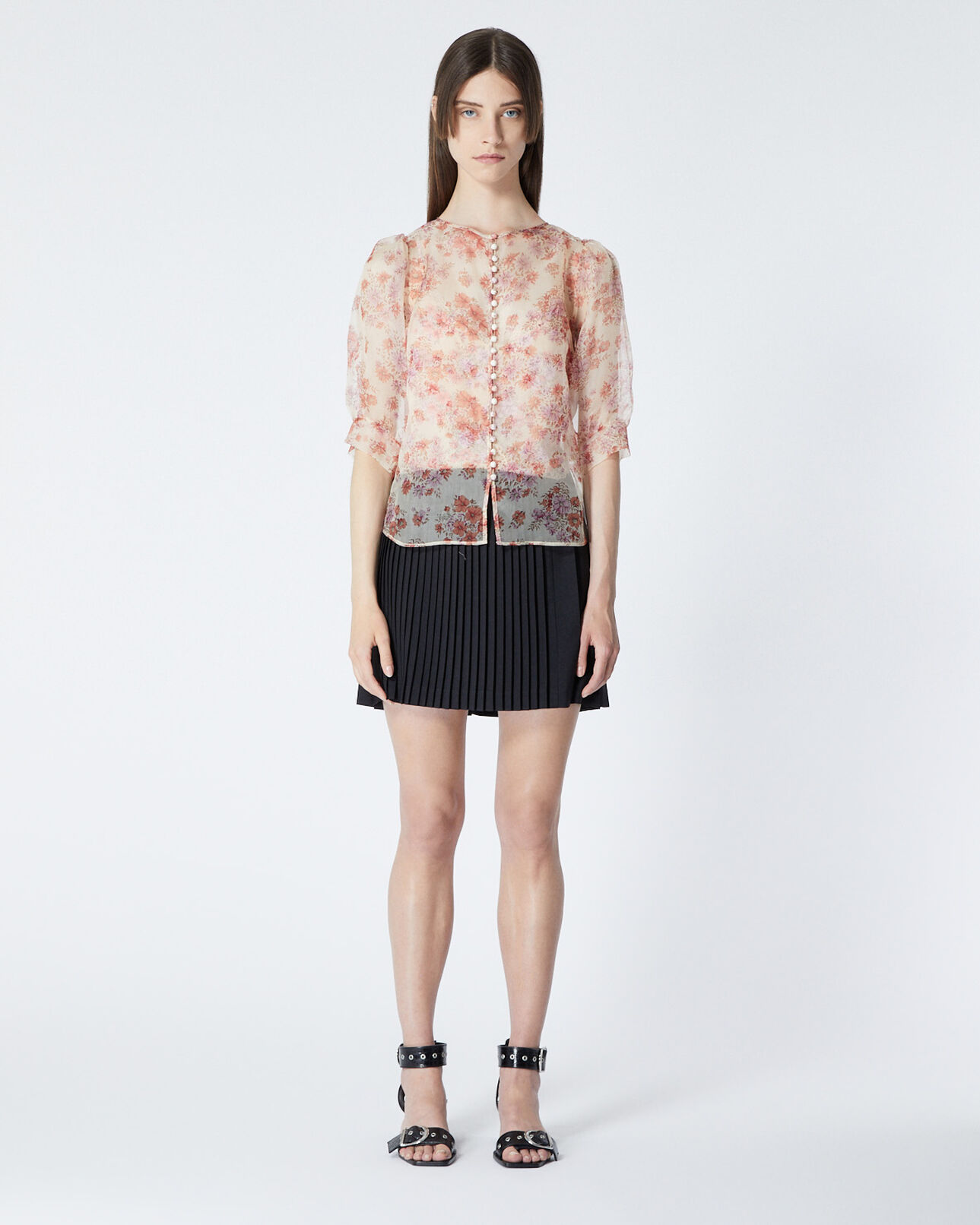 The Kooples WOMEN LIGHT PINK fitted floral printed see-through top