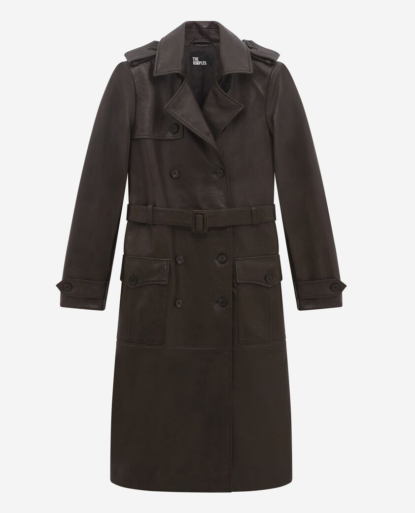 The Kooples FEMME DARK BROWN MELANGE trench long en cuir marron