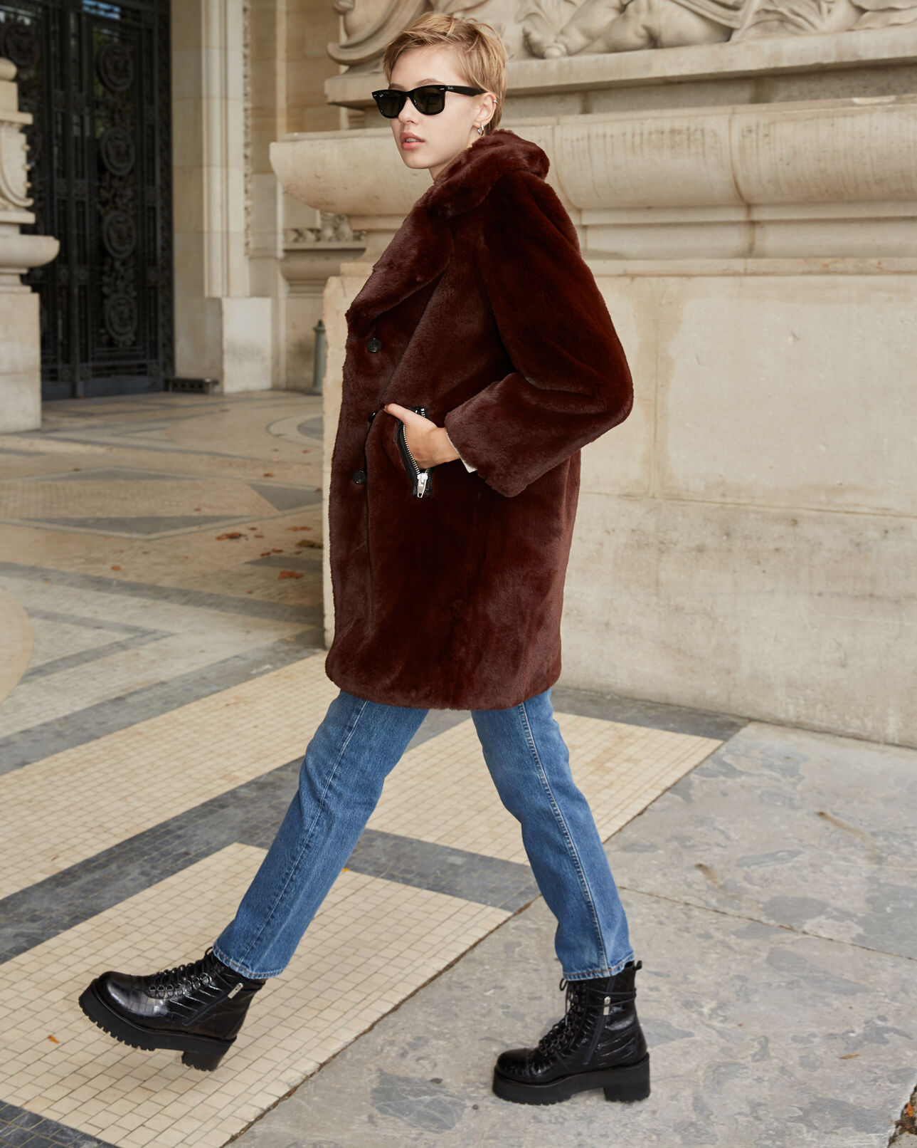The Kooples WOMEN BROWN long brown faux fur coat