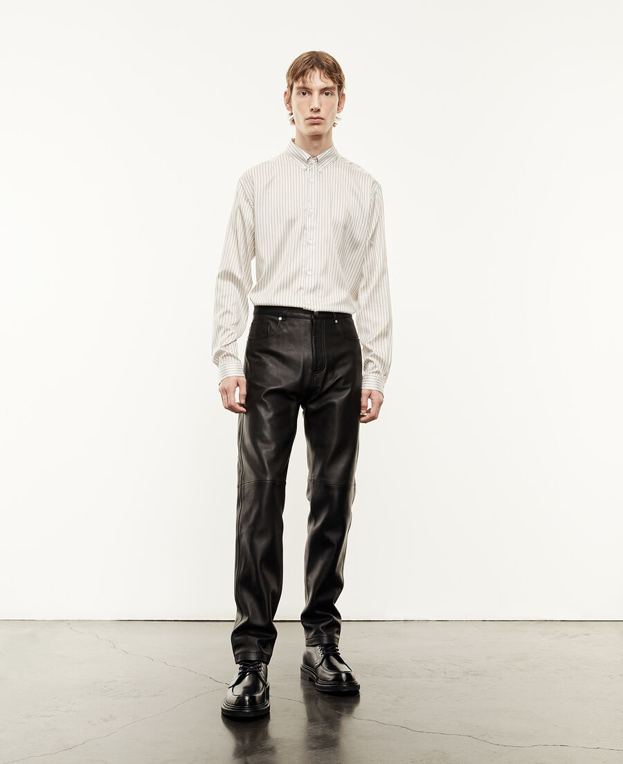 straight black leather trousers with pockets