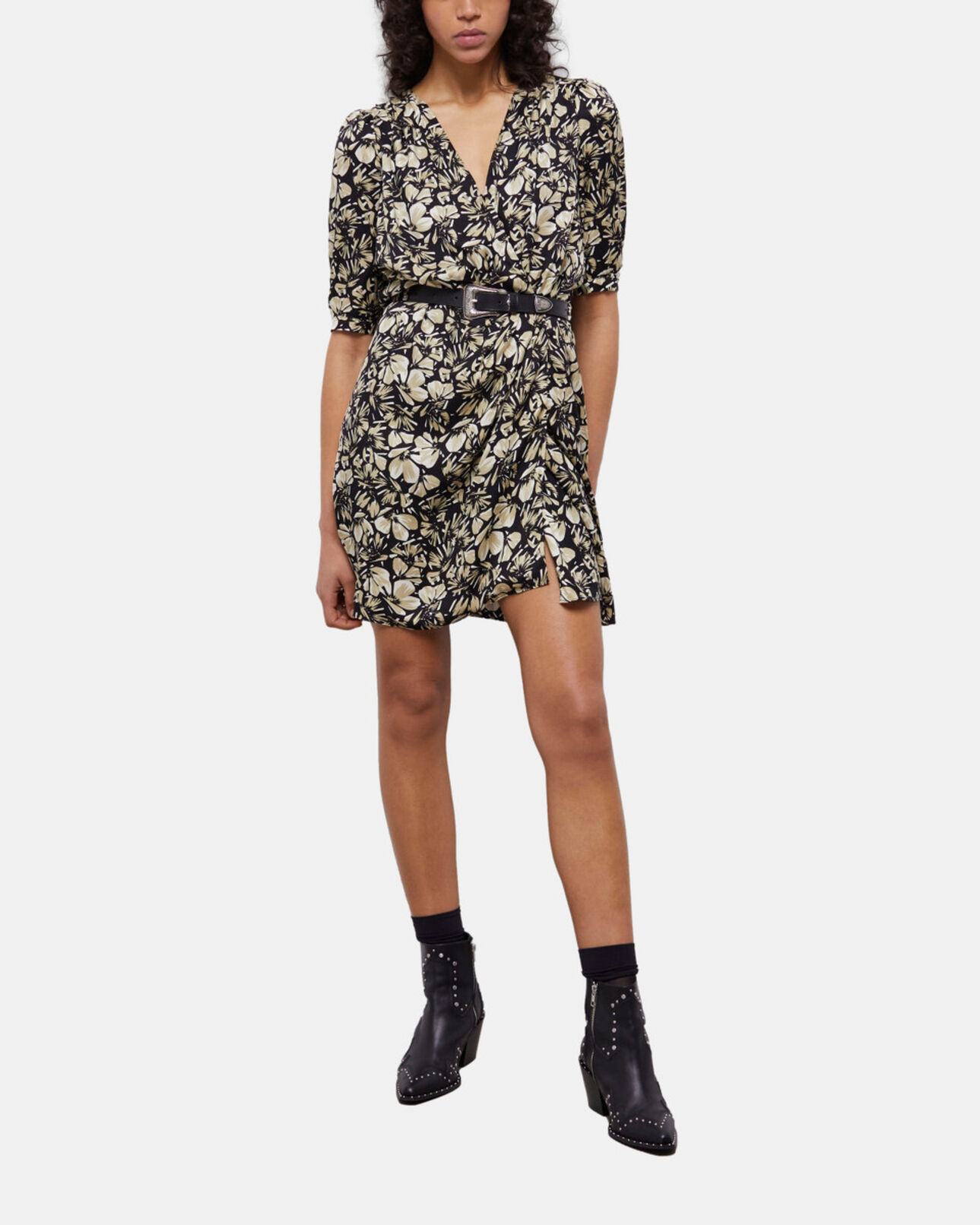 The Kooples WOMEN BLACK BROWN short printed wrap dress