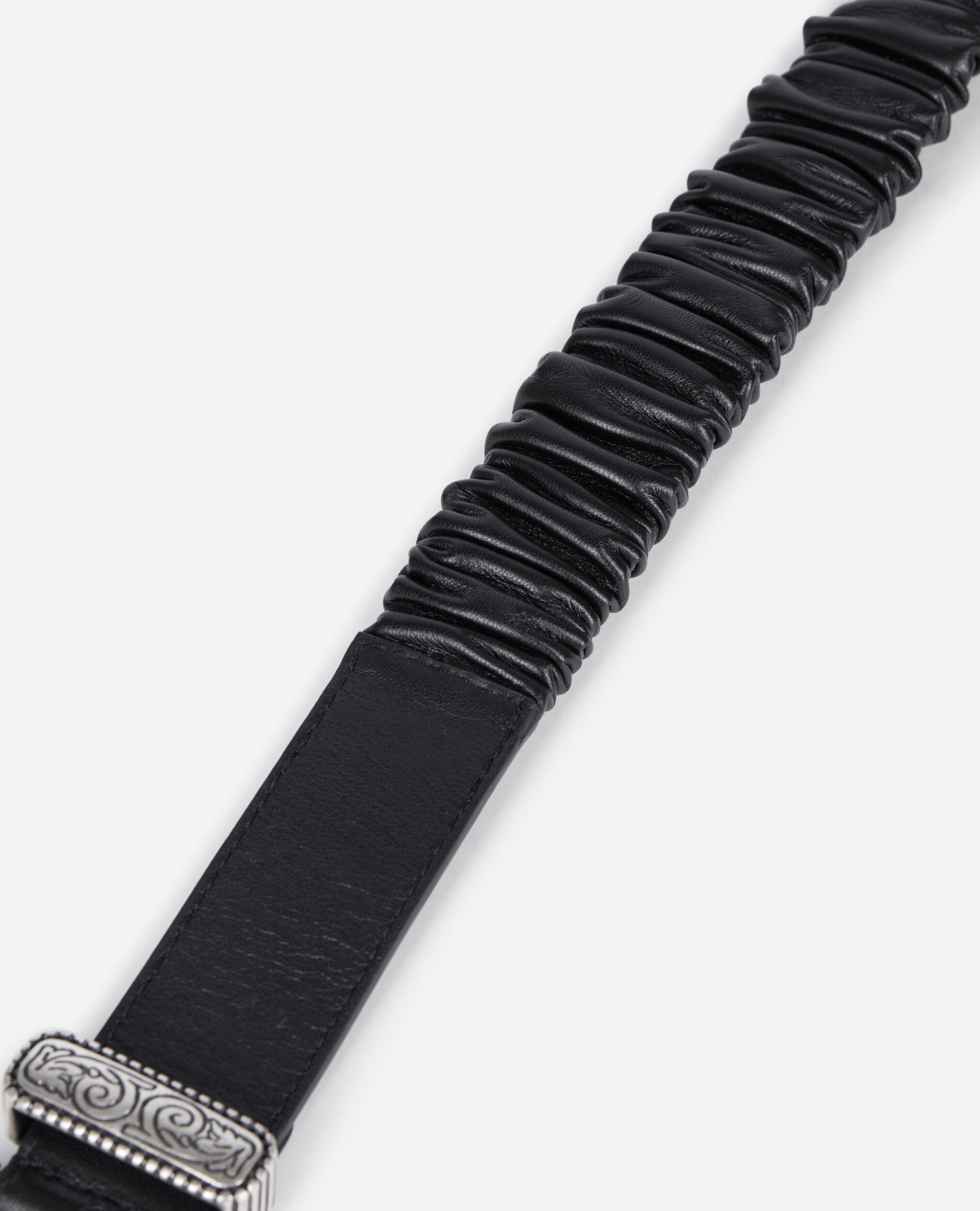 Wide black gathered leather belt, BLACK, hi-res image number null