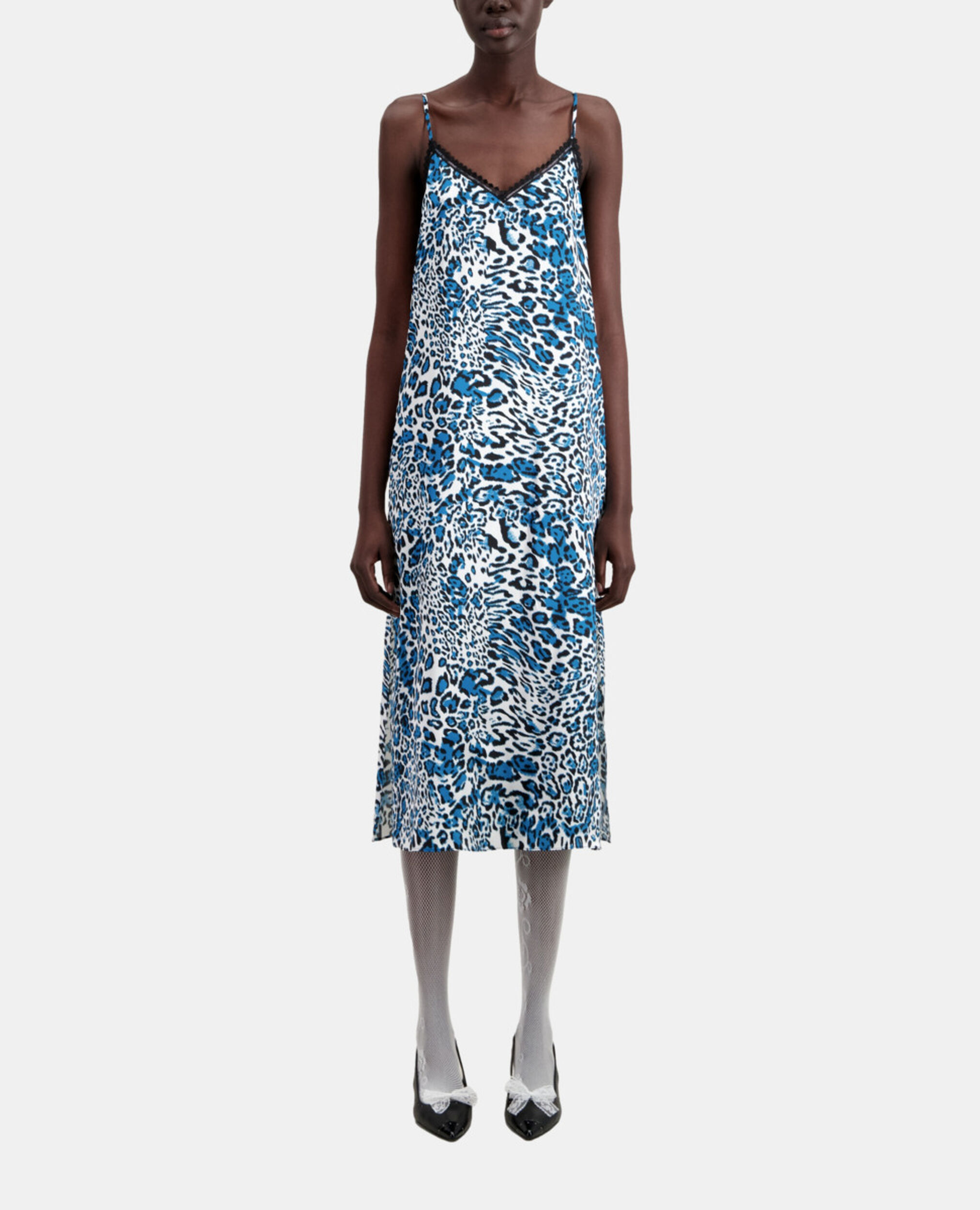 Long printed silk slip dress with lace details, BLUE WHITE, hi-res image number null